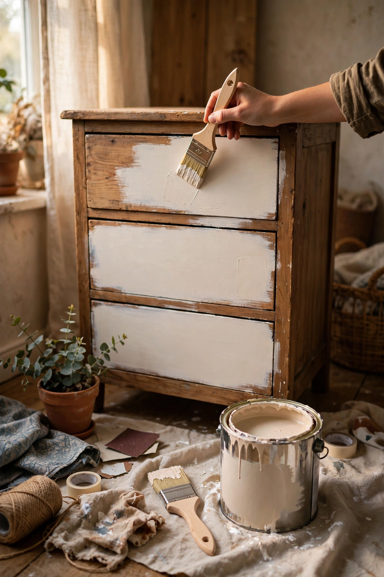 Wooden dresser with two coats of matte chalk paint in progress