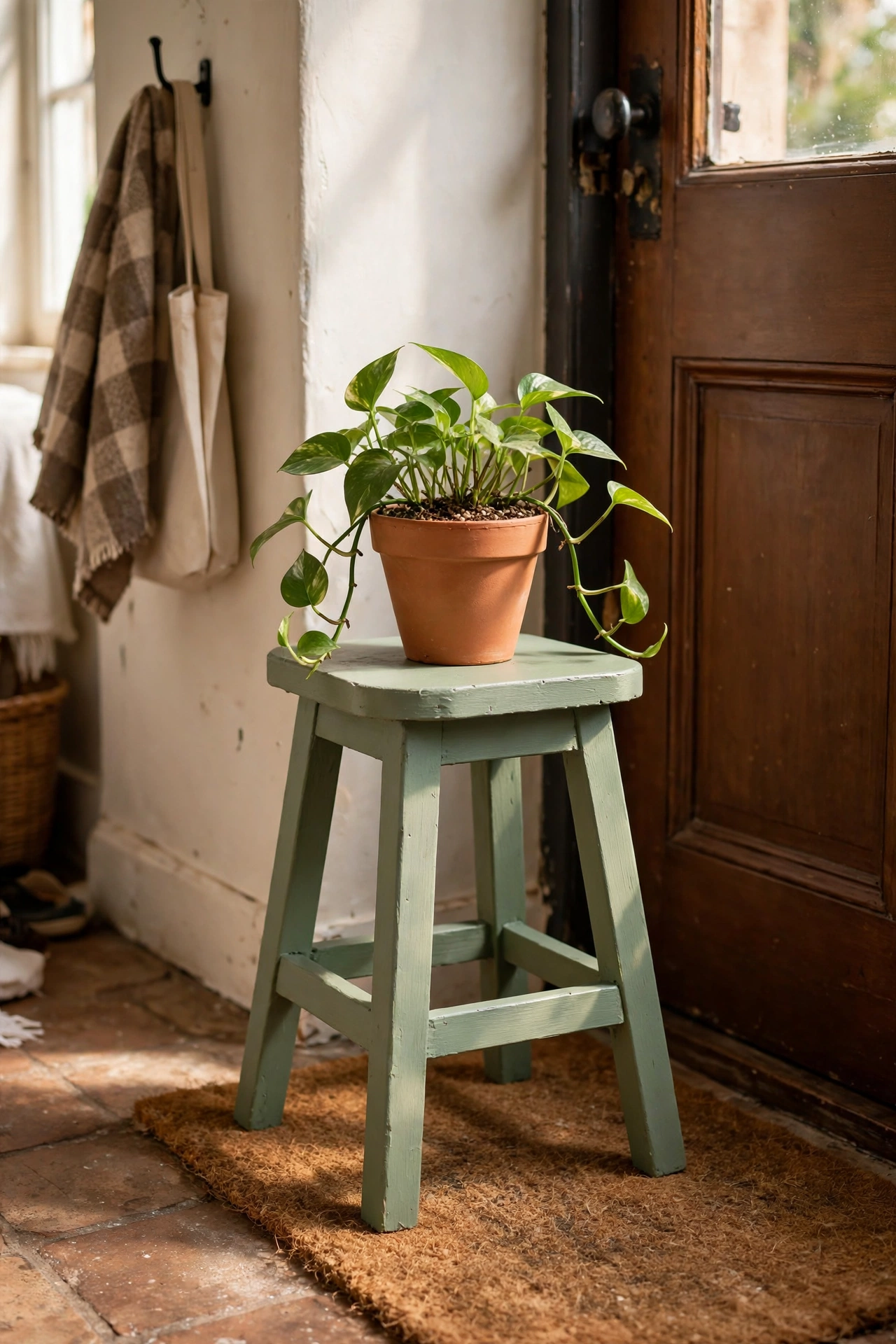 Small wooden stool painted sage green holding a potted plant by a door