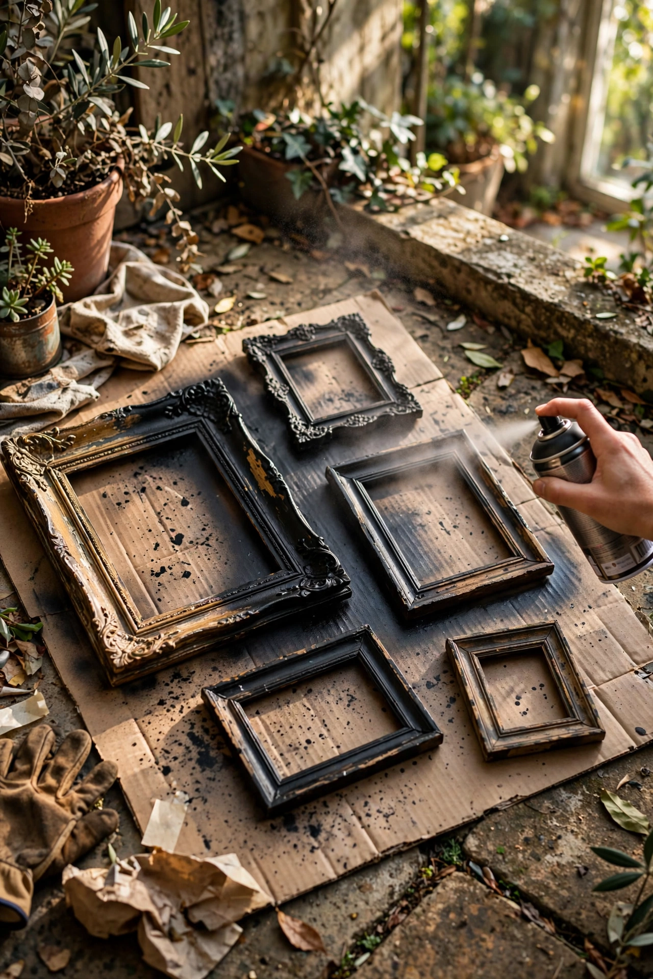 Old picture frames being spray painted matte black on cardboard outdoors