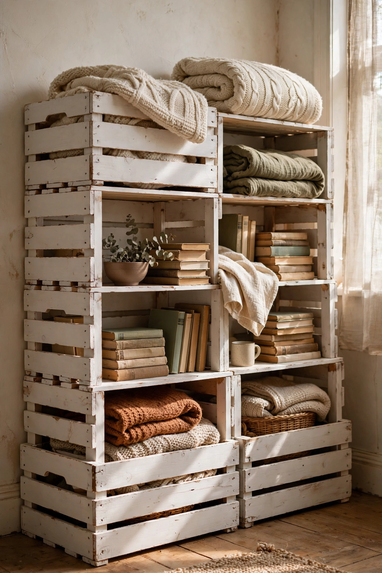 Wooden crates painted warm white stacked as rustic storage shelves
