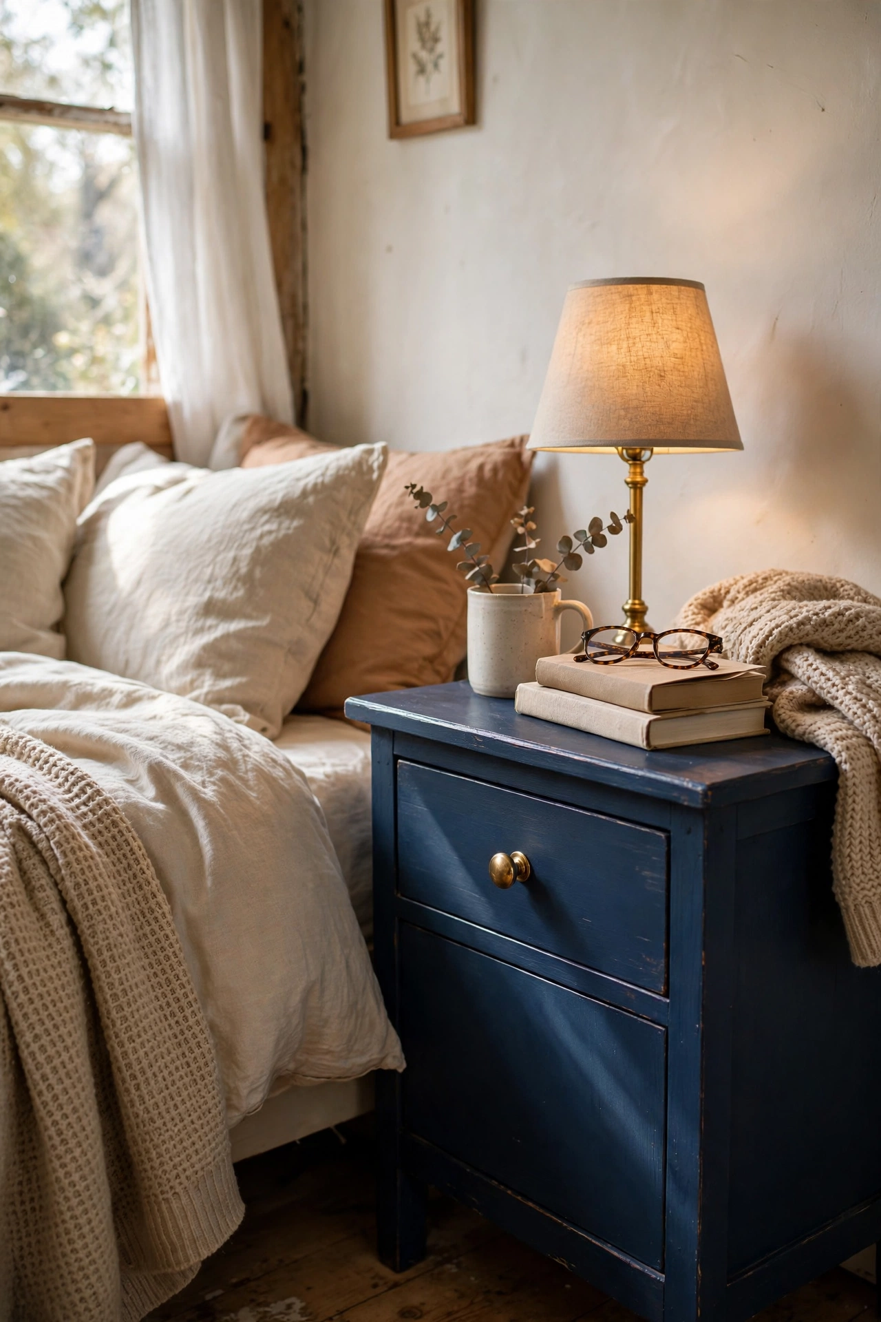 Wooden nightstand painted deep navy with a brass knob beside a bed
