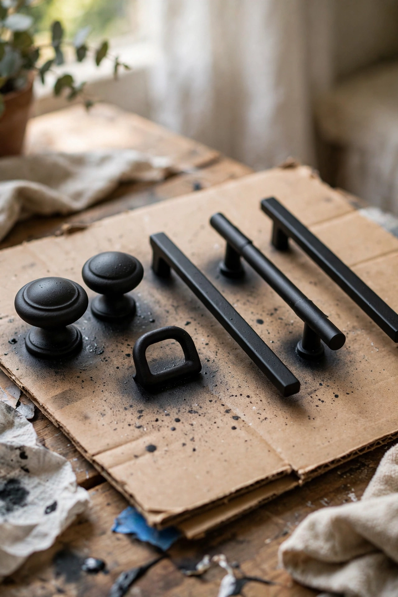 Drawer knobs and pulls spray painted matte black drying on cardboard