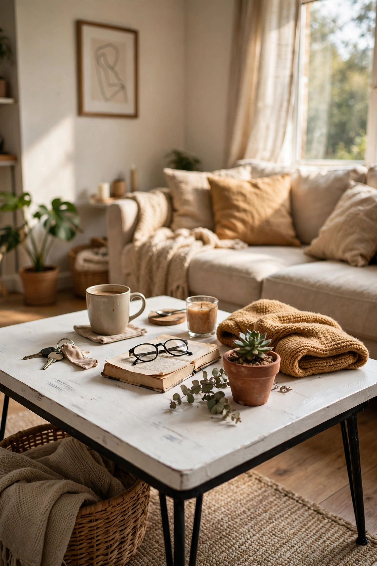 Coffee table with white top and black legs in a modern living room