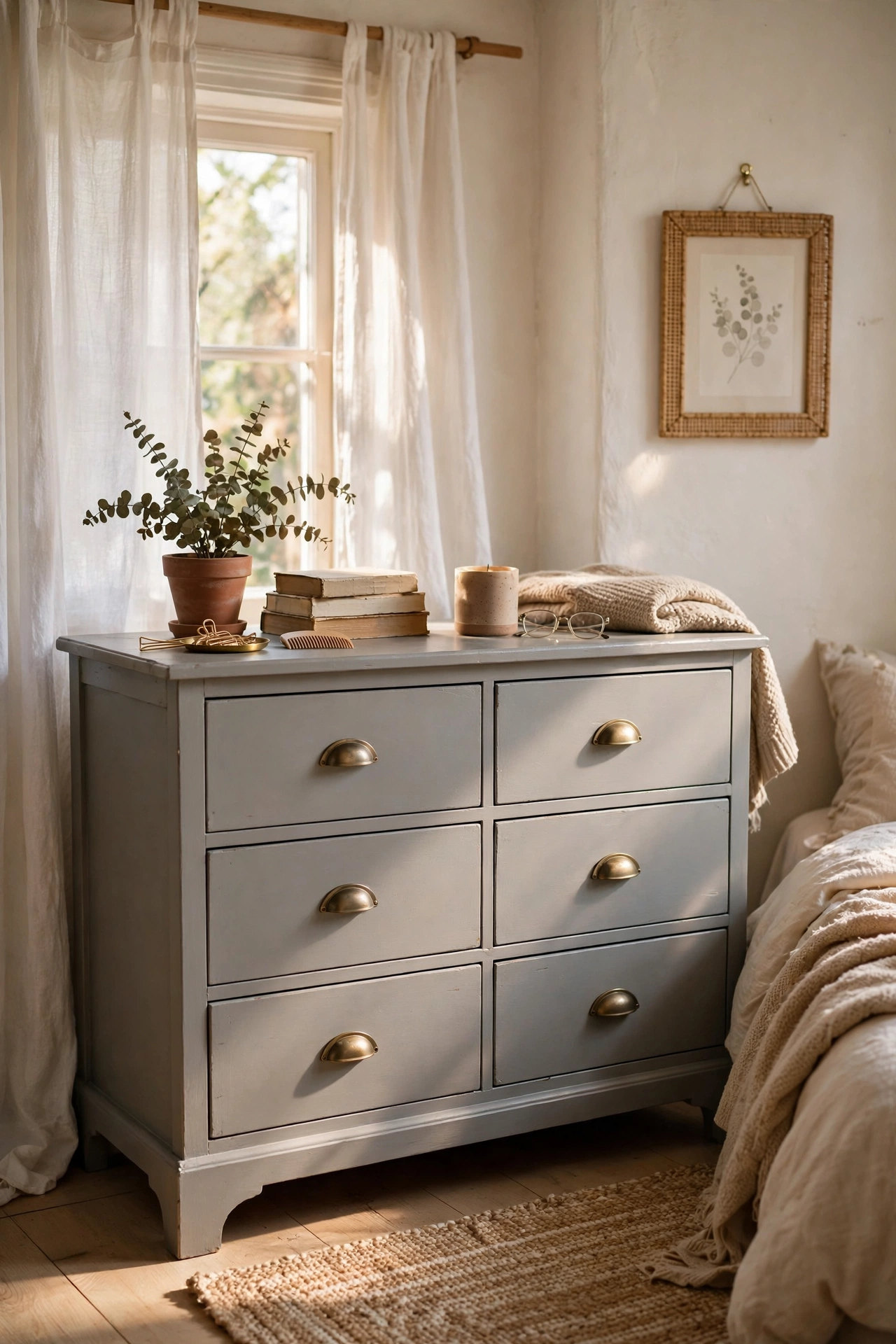 Six drawer dresser painted soft grey with brushed brass cup pulls