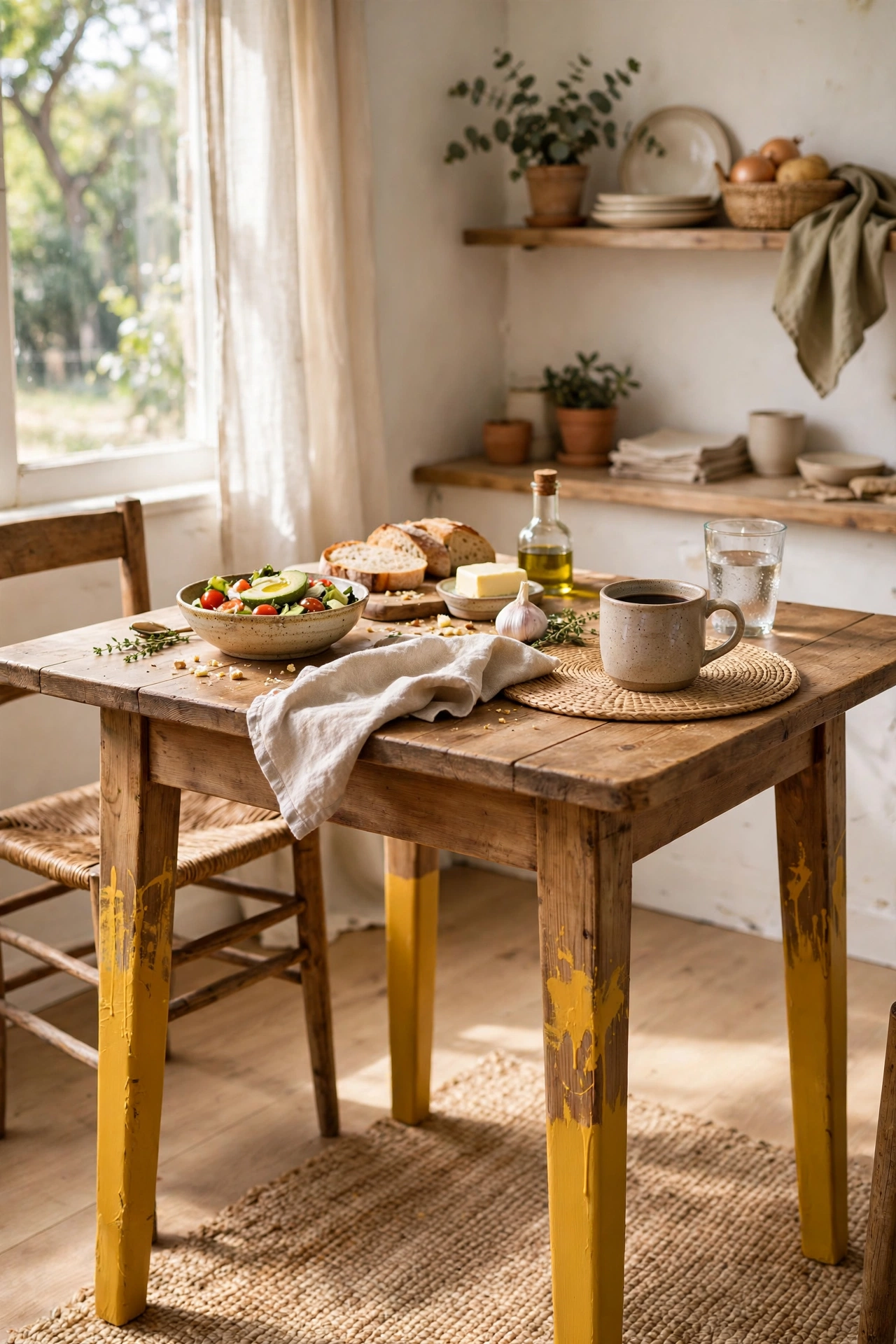 Dining table with legs dipped in mustard yellow paint below a tape line