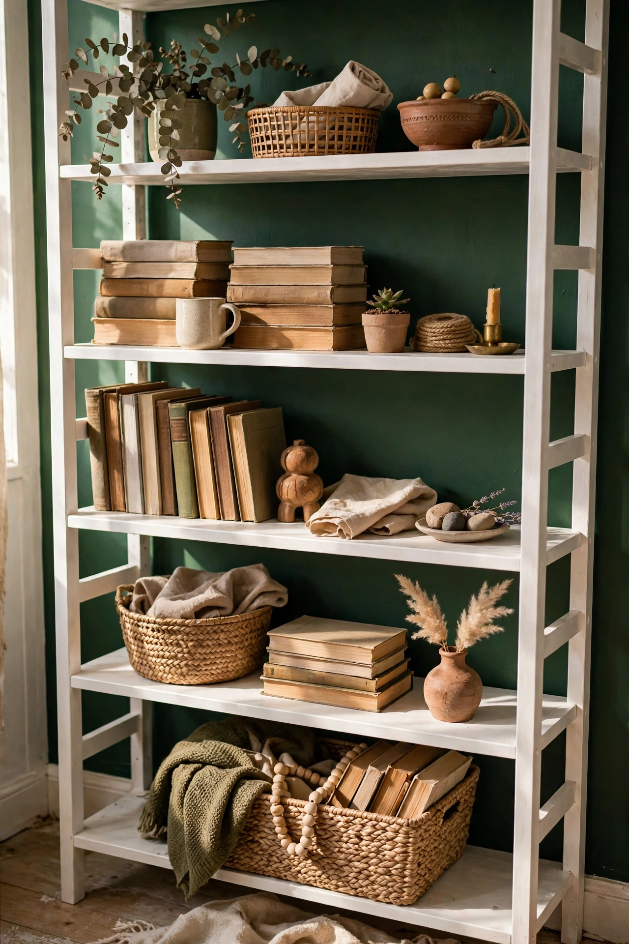 White bookshelf with deep green painted back panel styled with books