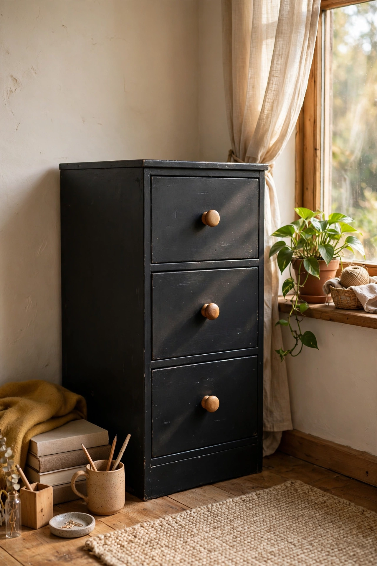 Metal filing cabinet painted soft black with wooden knobs in a home office