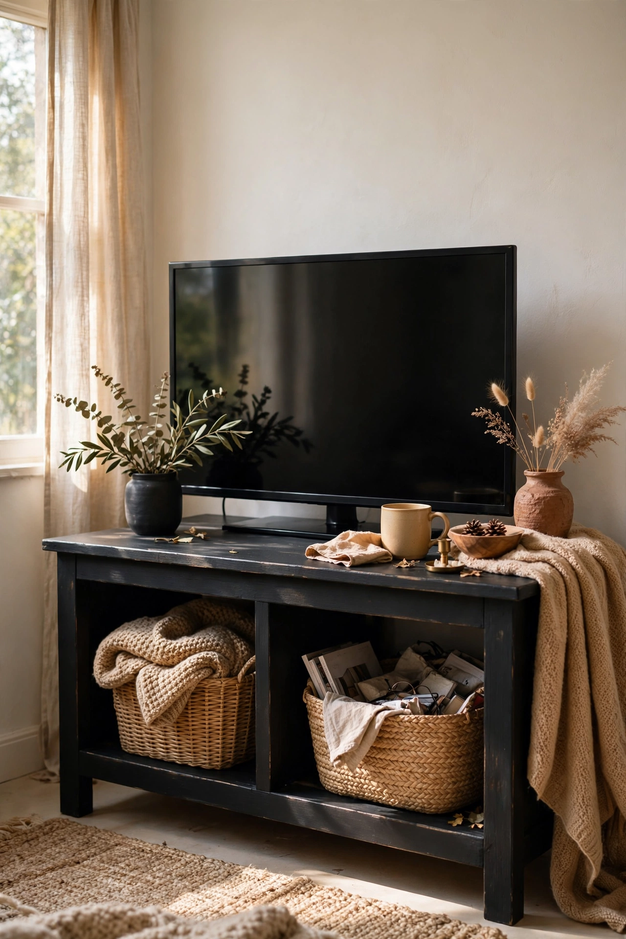TV stand painted warm soft black against a light wall with television