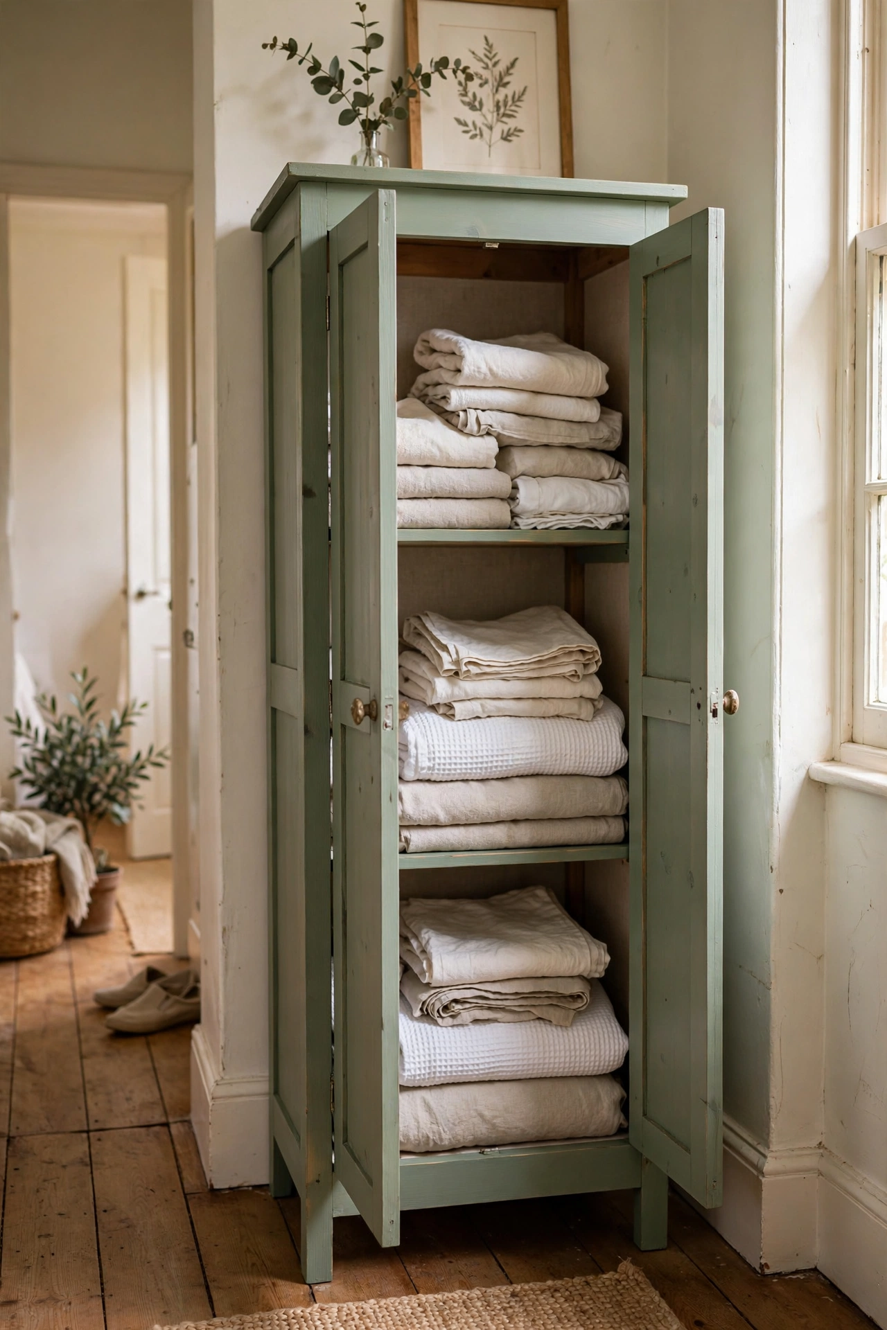 Pine linen cabinet painted sage green in a bright hallway