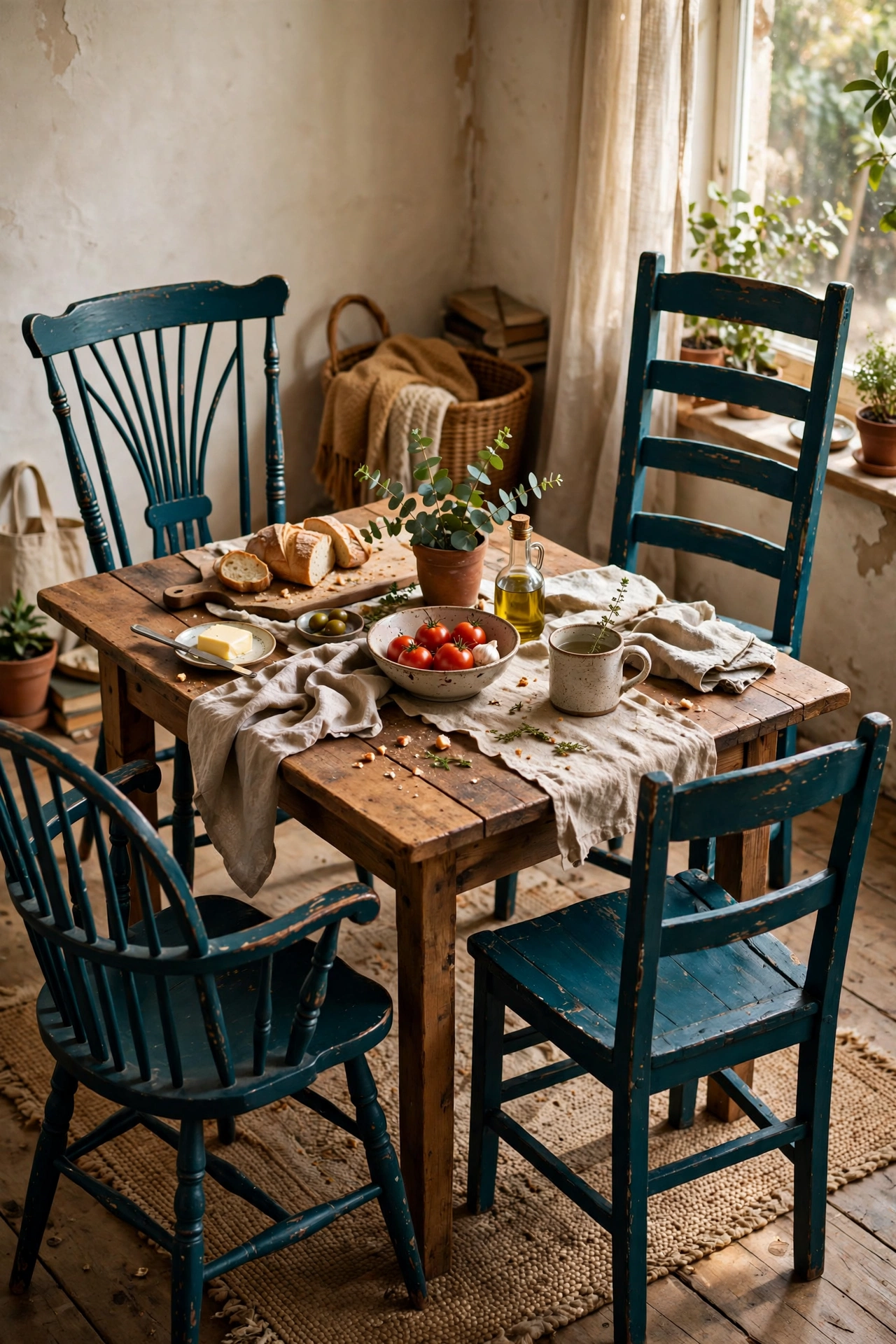 Four mismatched wooden dining chairs painted deep teal around a table