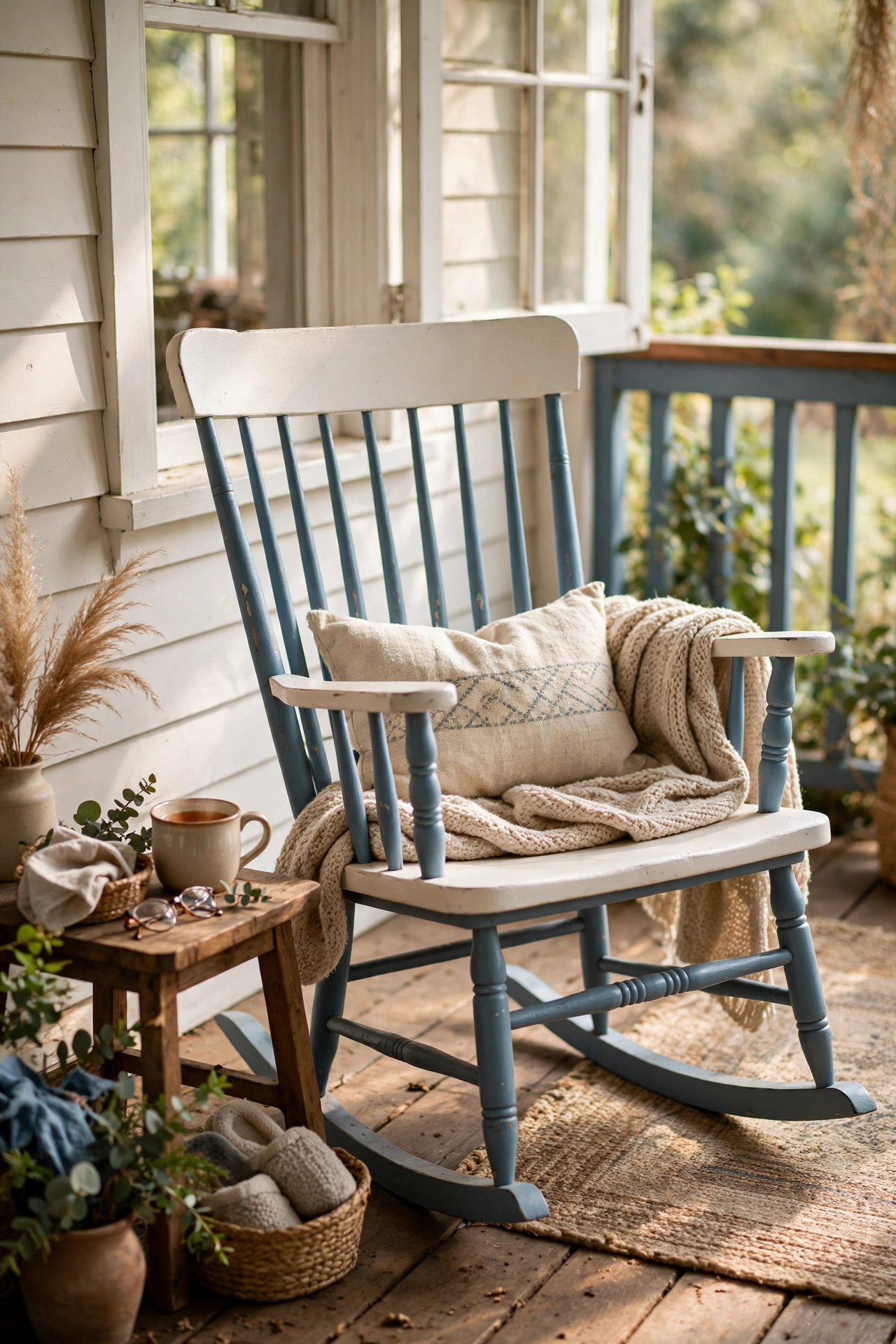 Two-tone painted rocking chair with white seat and dusty blue spindles on a porch