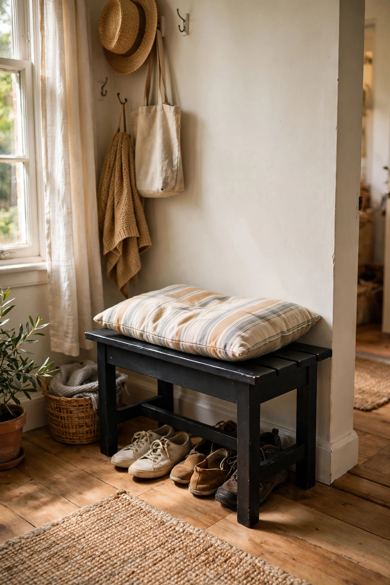 Wooden bench painted soft black with a striped cushion in an entryway