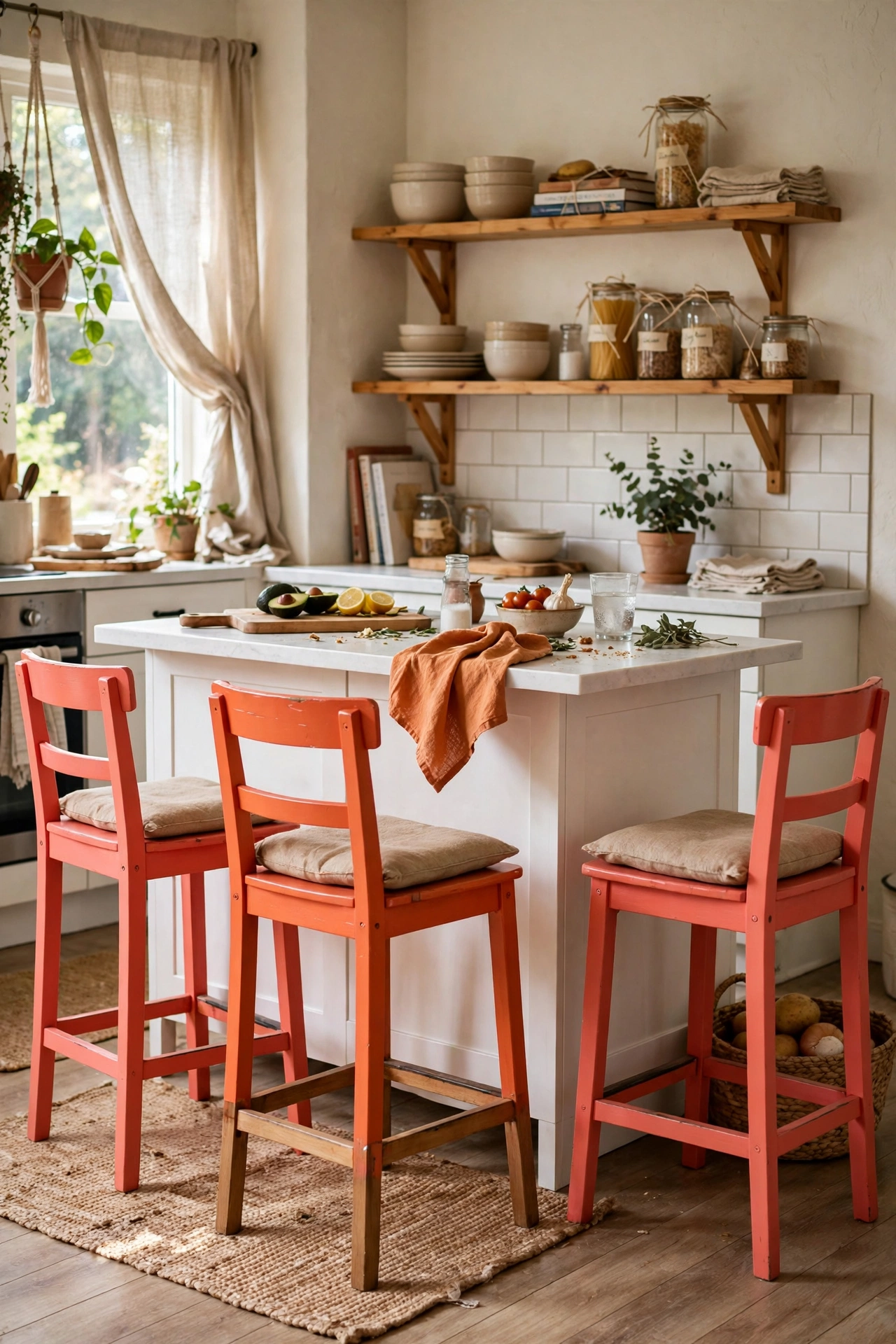 Bar stools painted coral around a white kitchen island