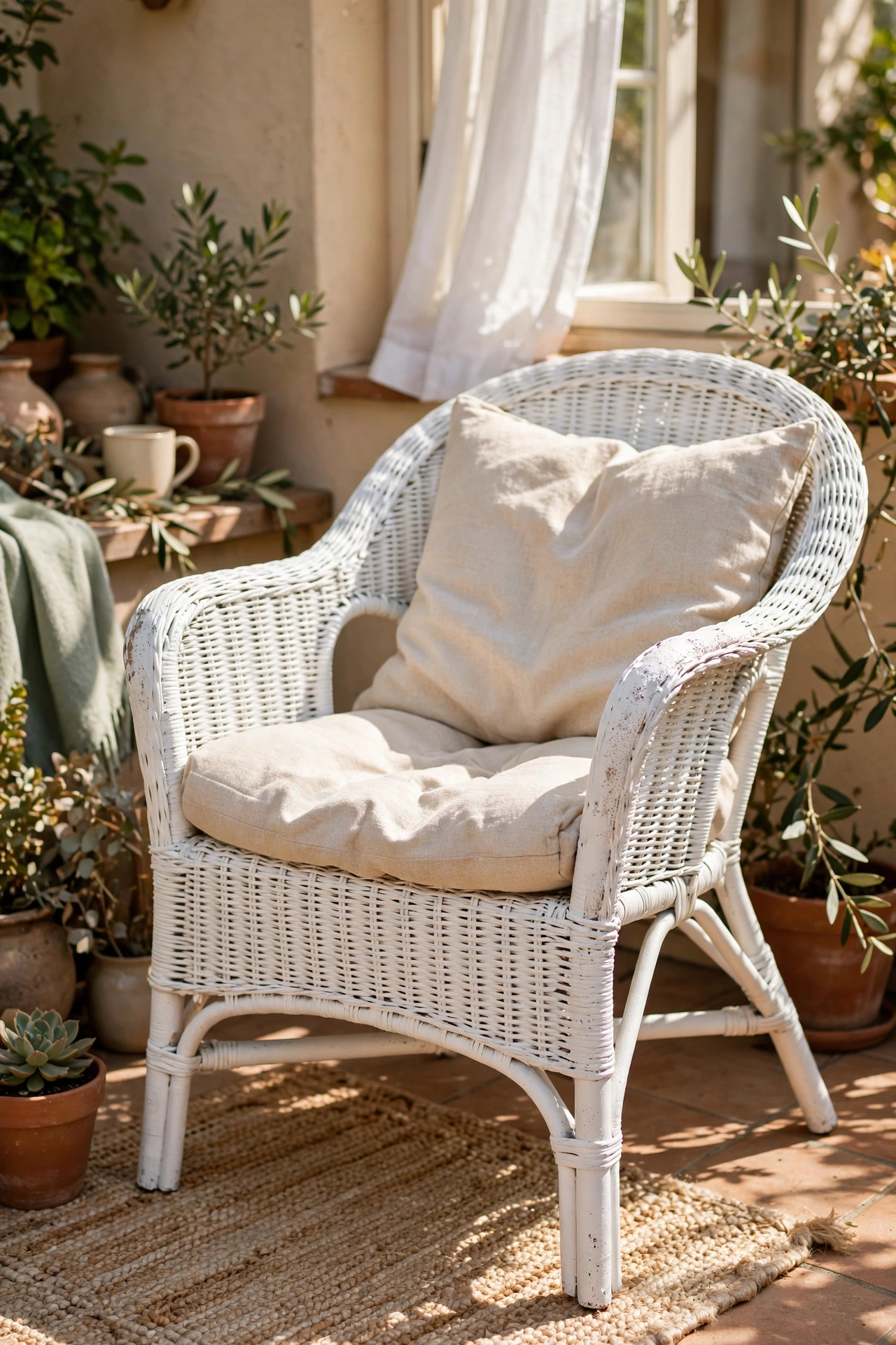 Wicker chair spray painted crisp white on a sunny patio