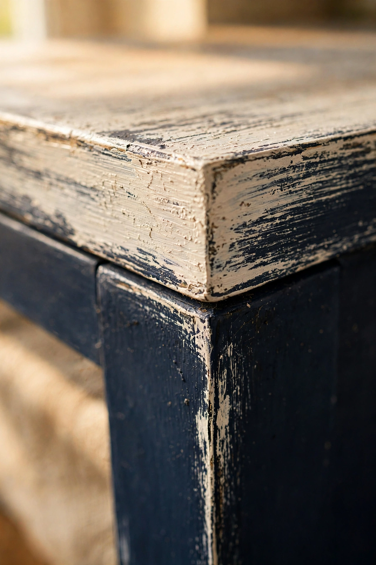 Close-up of dry-brushed white paint texture over navy on a dresser edge