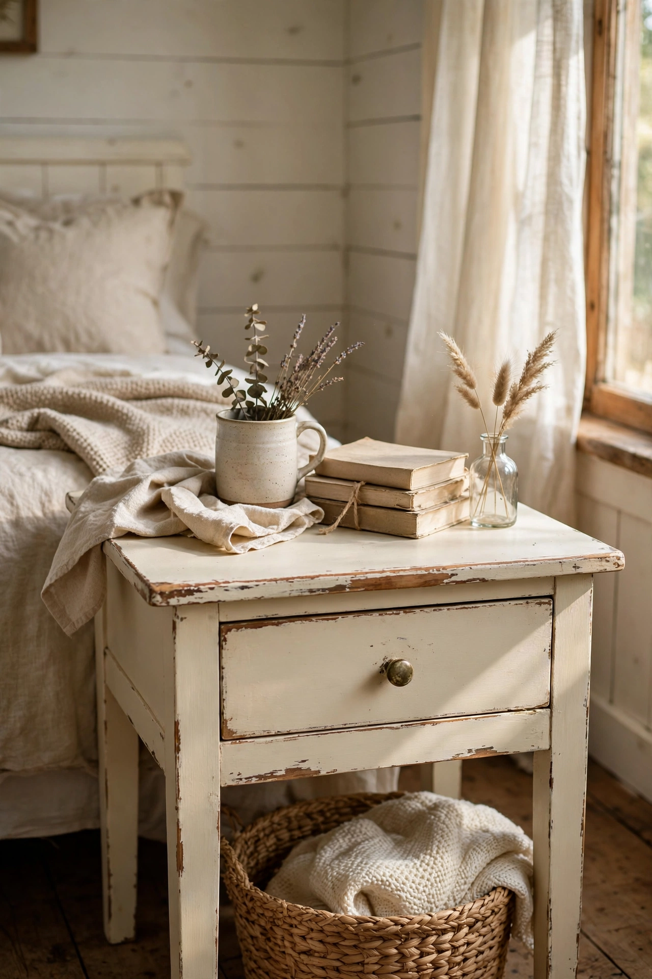 Cream side table with distressed edges showing wood beneath the paint