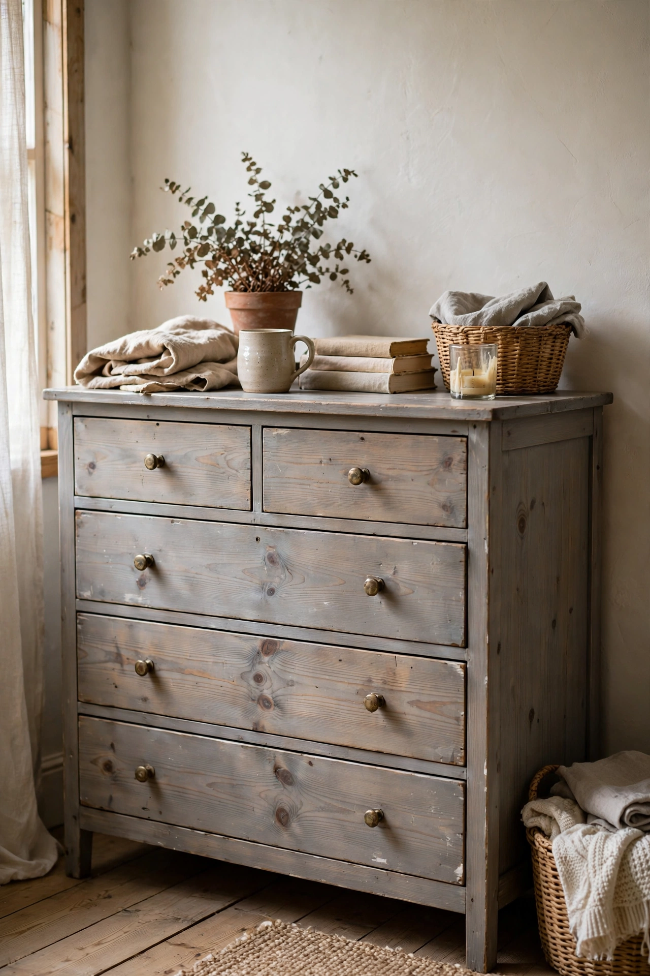 Pine dresser with soft grey colour wash showing natural wood grain