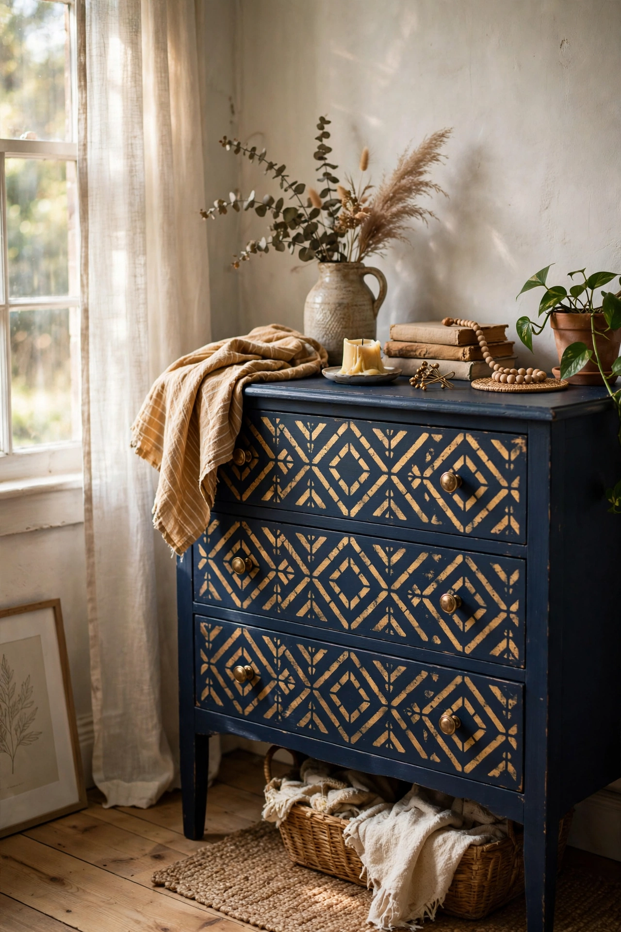 Navy dresser drawers with gold stencilled geometric pattern