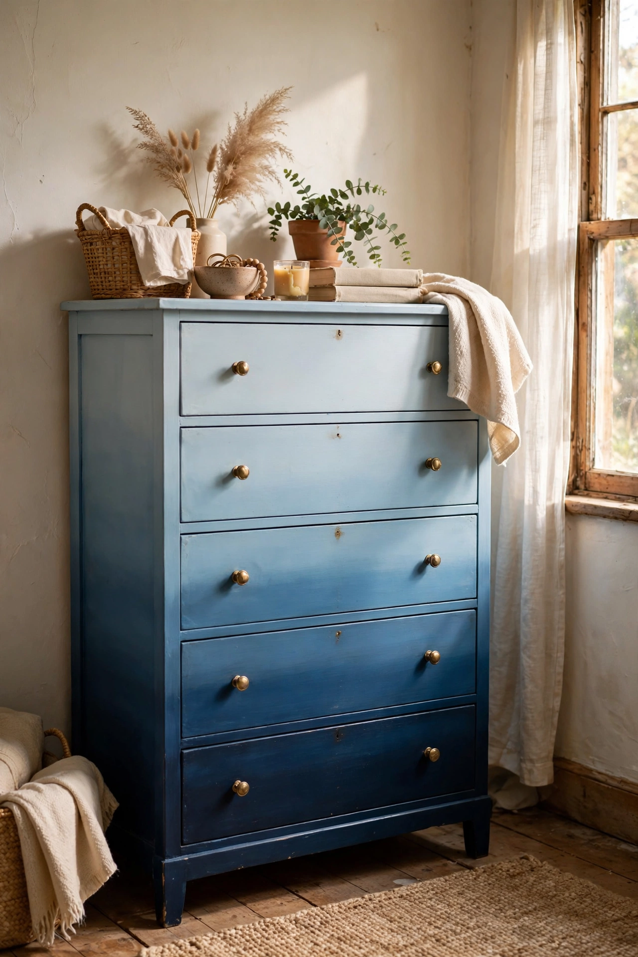 Tall dresser painted in ombre blues from dark to light across the drawers