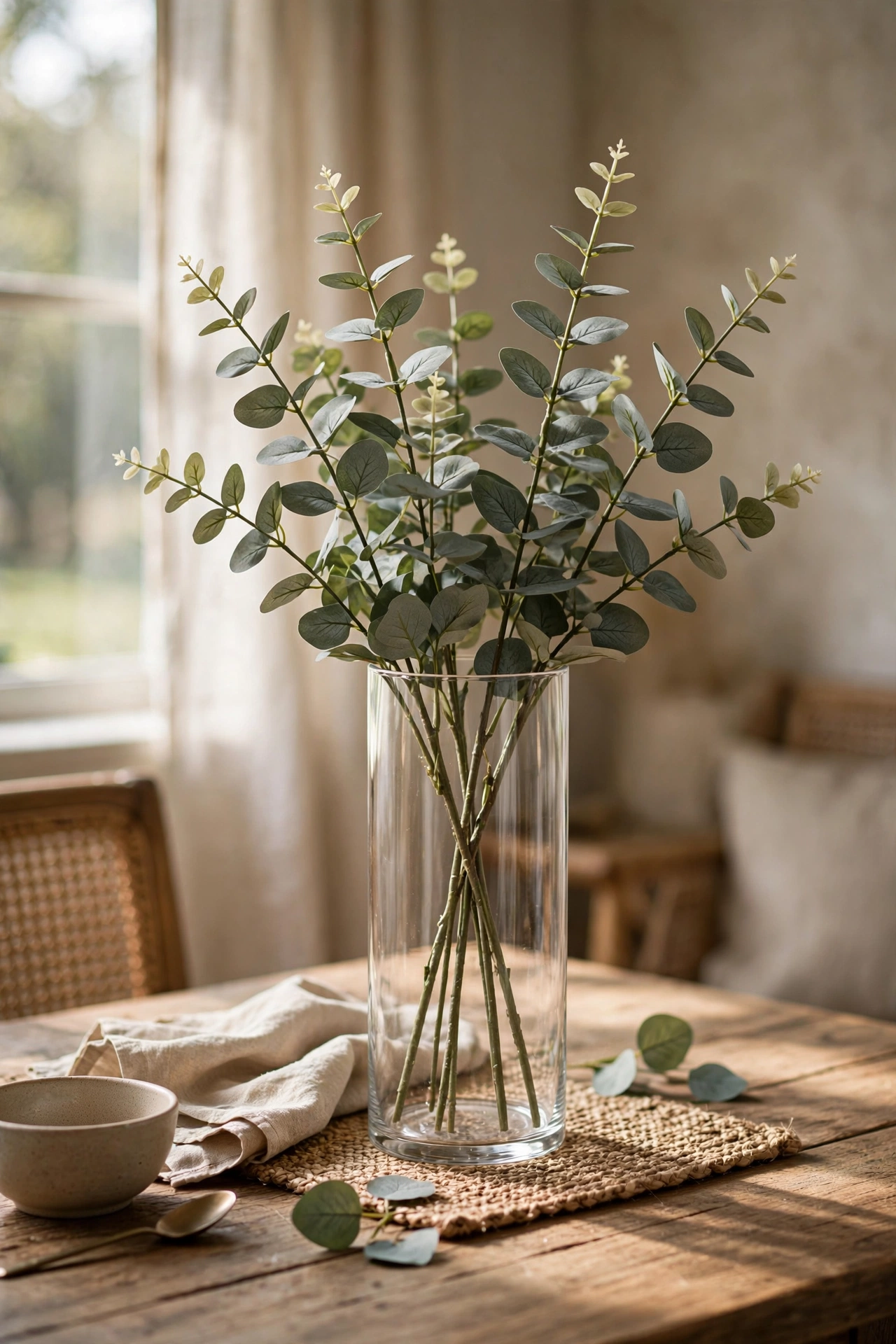 Faux eucalyptus stems in a tall glass cylinder vase as a centrepiece