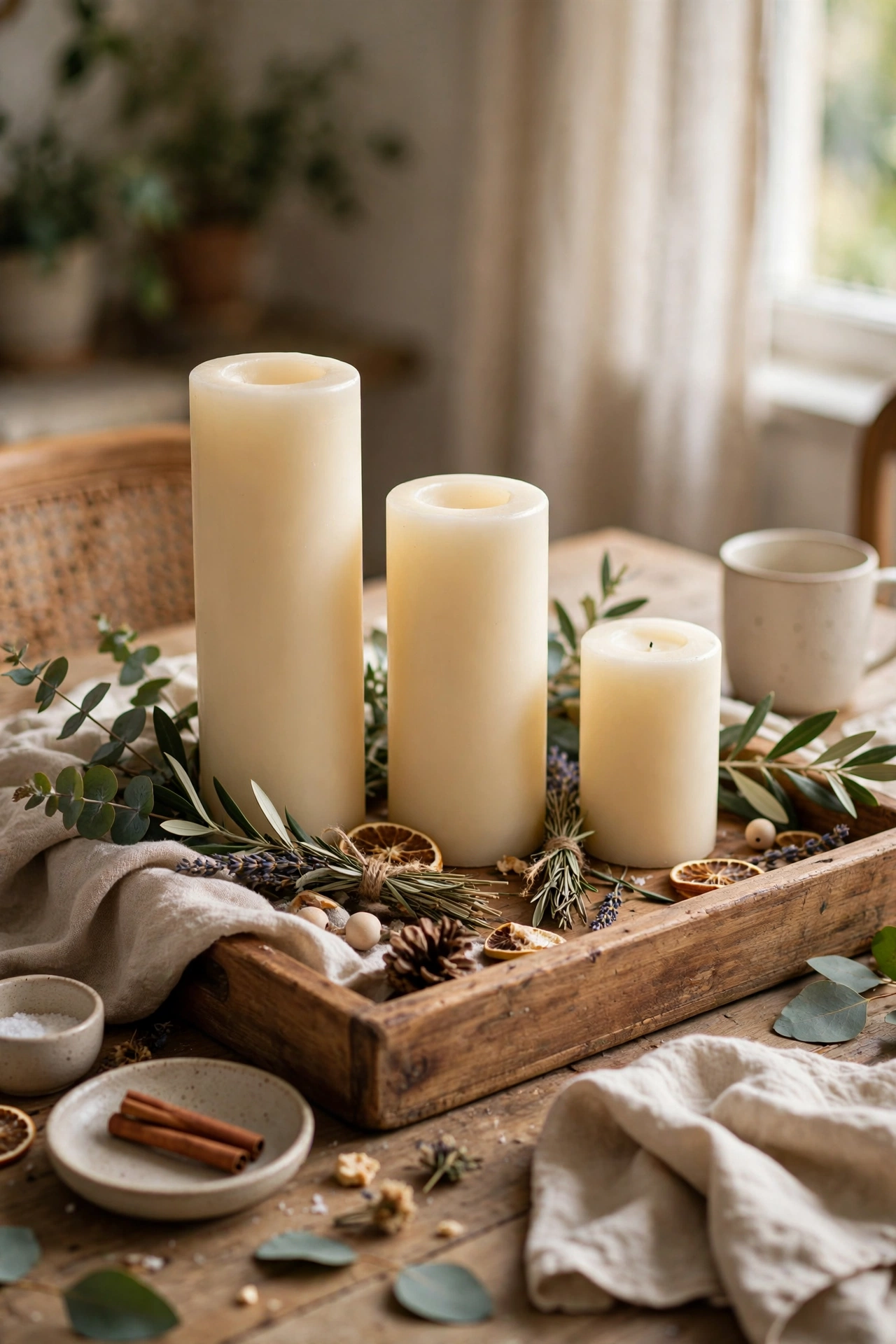 Wooden tray with cream pillar candles at three heights on a dining table