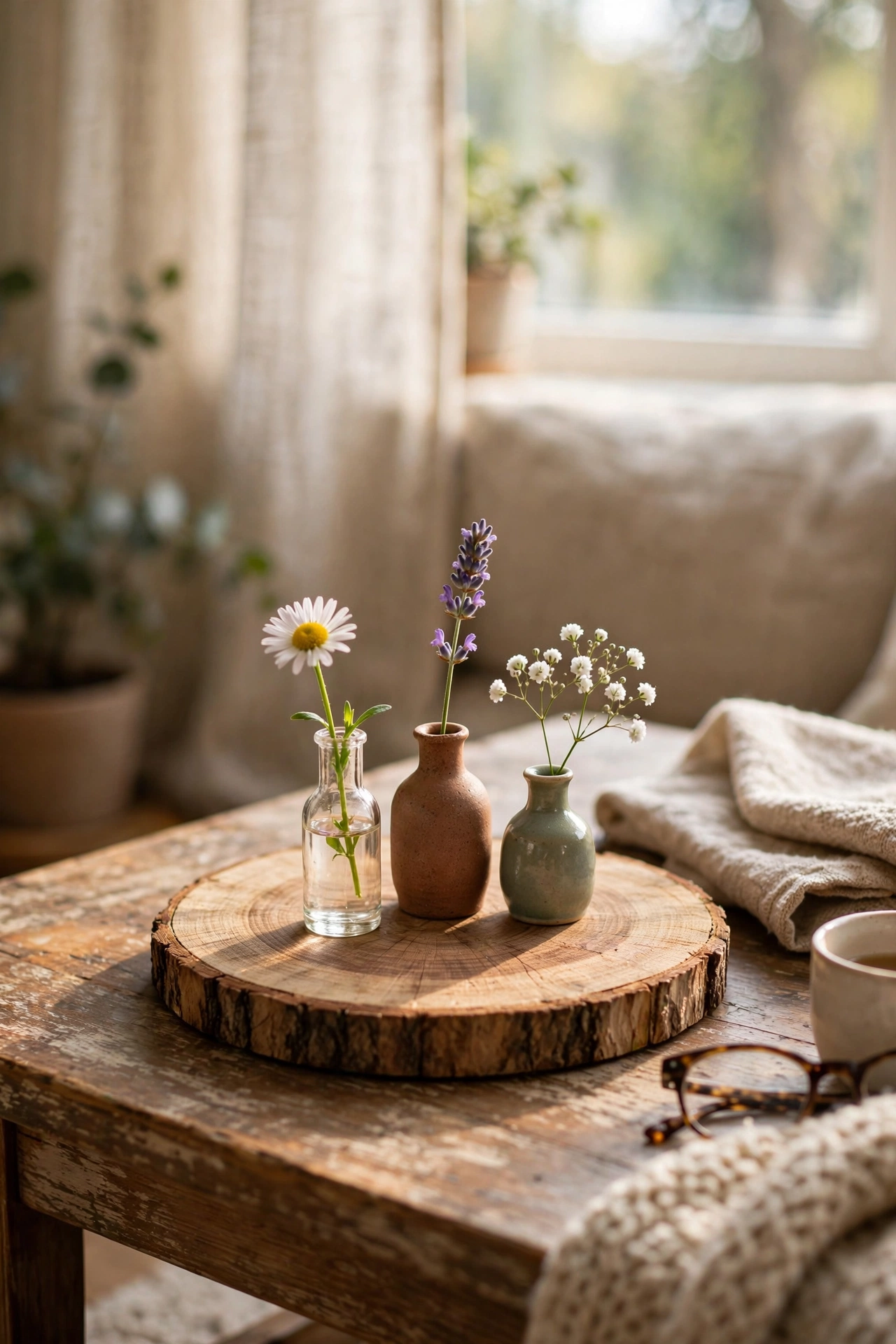 Three small bud vases with single flowers on a round wood slice
