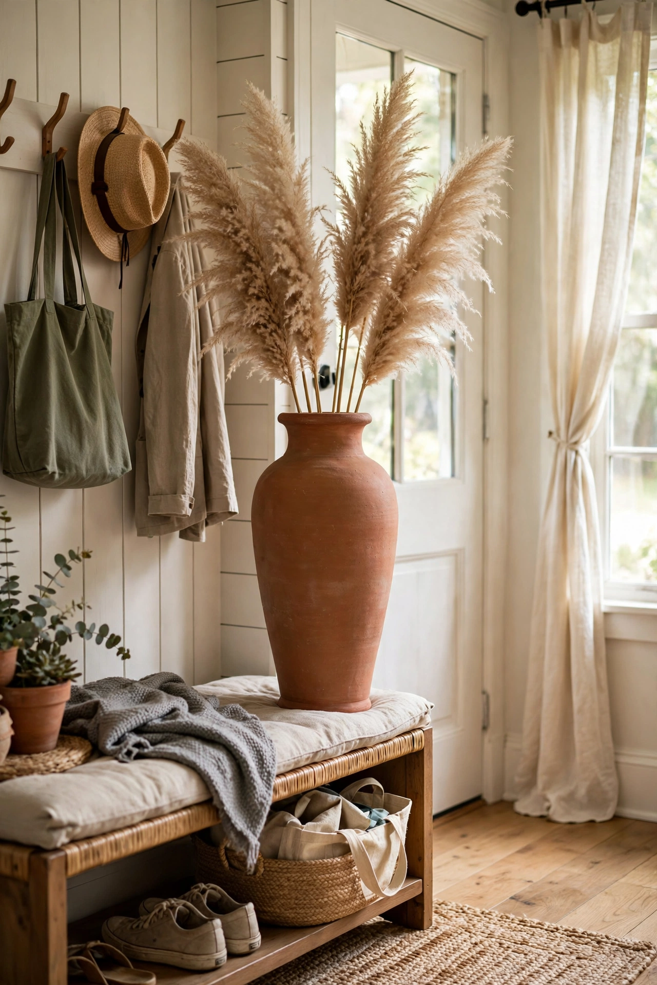 Tall terracotta faux ceramic vase with pampas grass in an entryway
