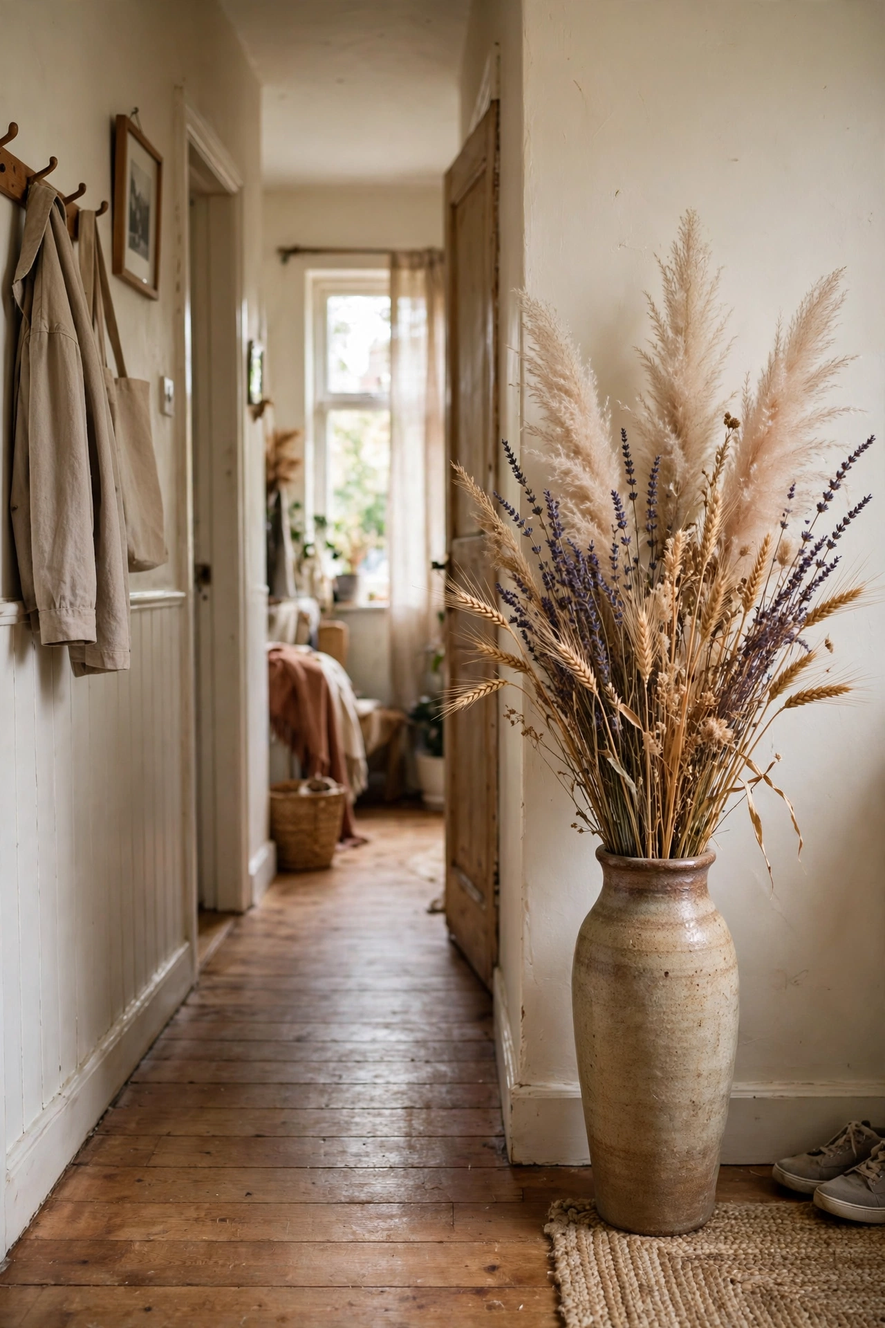 Dried wheat lavender and pampas arrangement in a tall floor vase