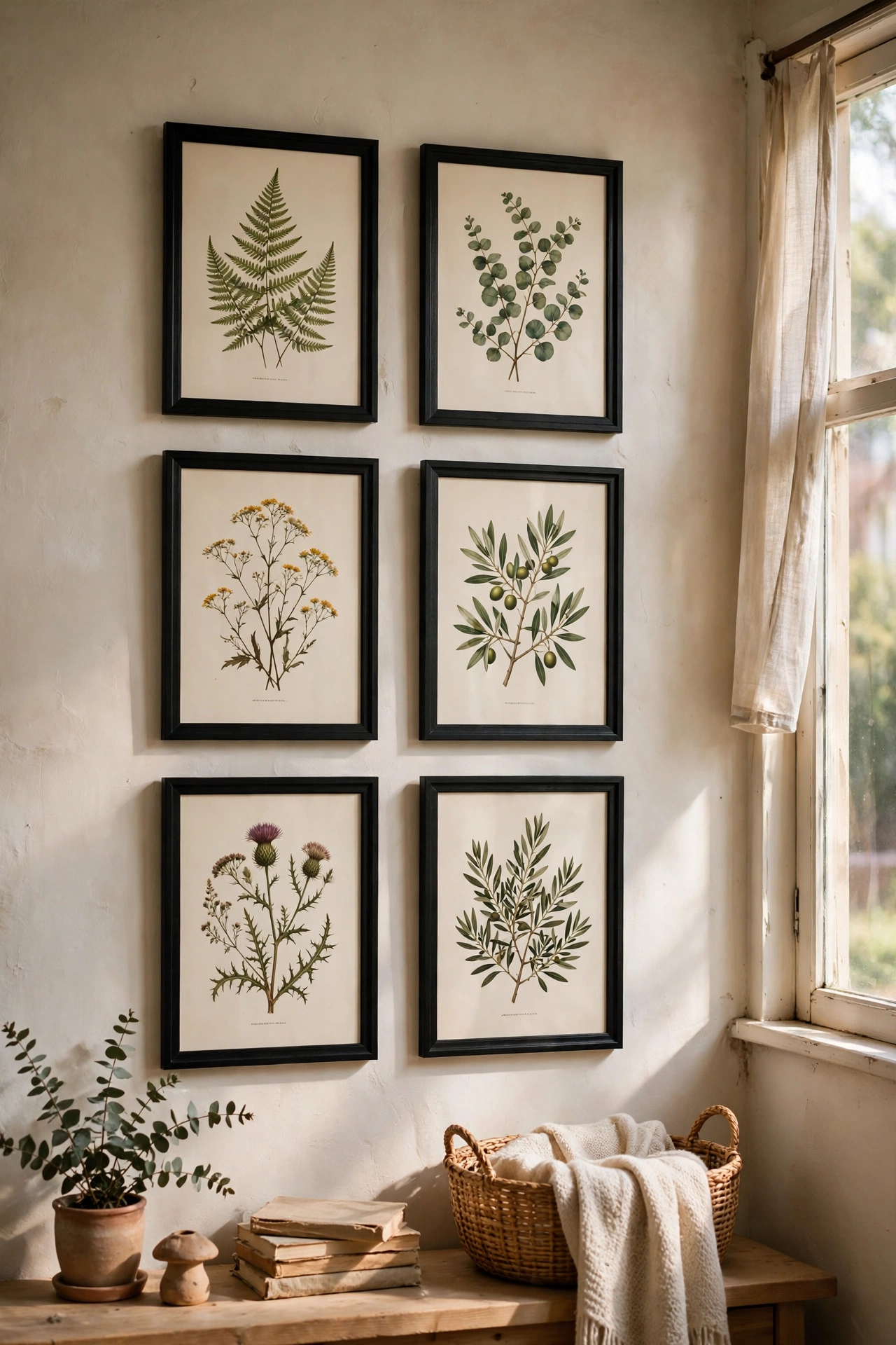 Six botanical prints in matching black frames hung in a gallery grid