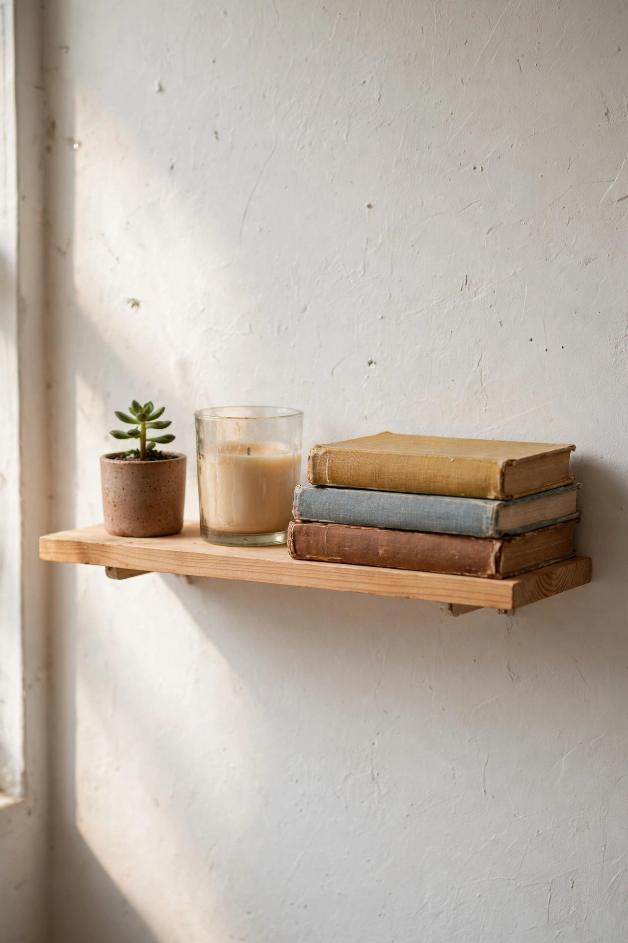 Small floating shelf styled with tiny plant candle and stacked books