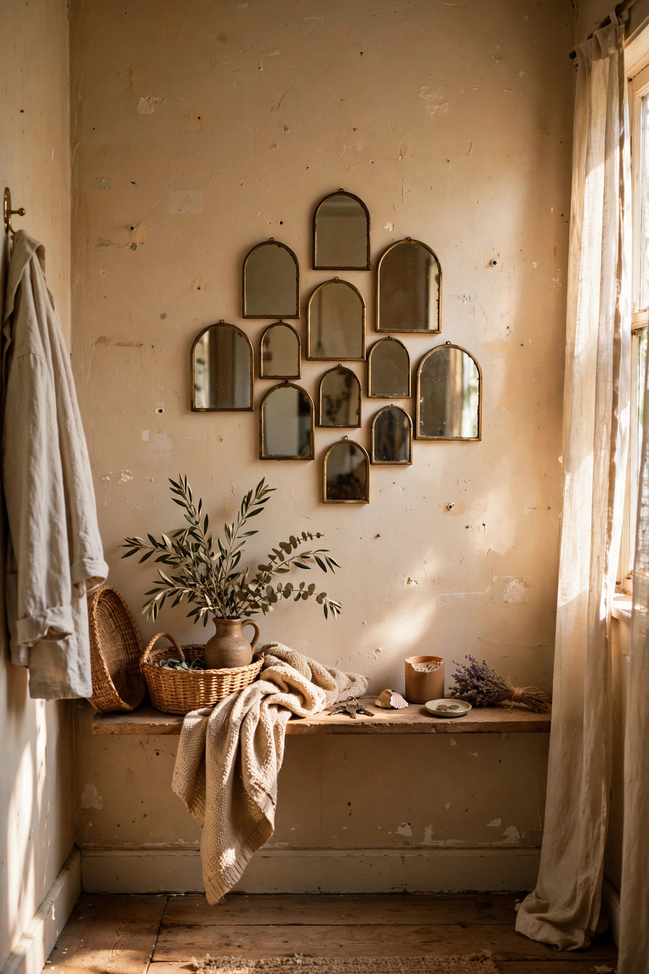 Cluster of small arch-shaped mirrors arranged on a hallway wall