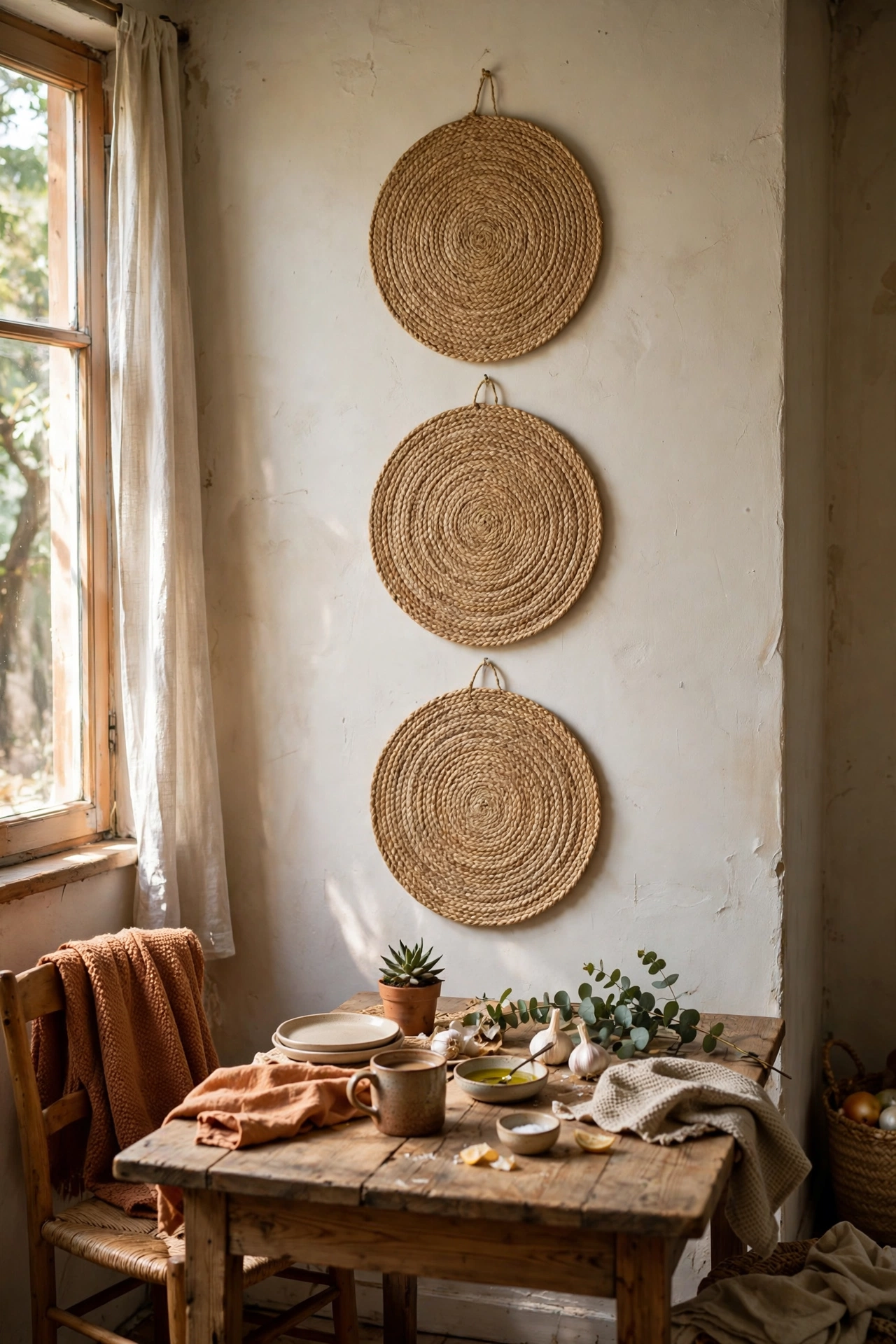 Three round woven placemats hung as wall art in a dining room