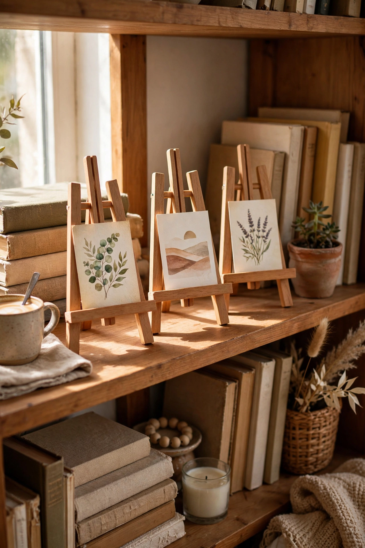 Three mini easels holding small art prints on a bookshelf