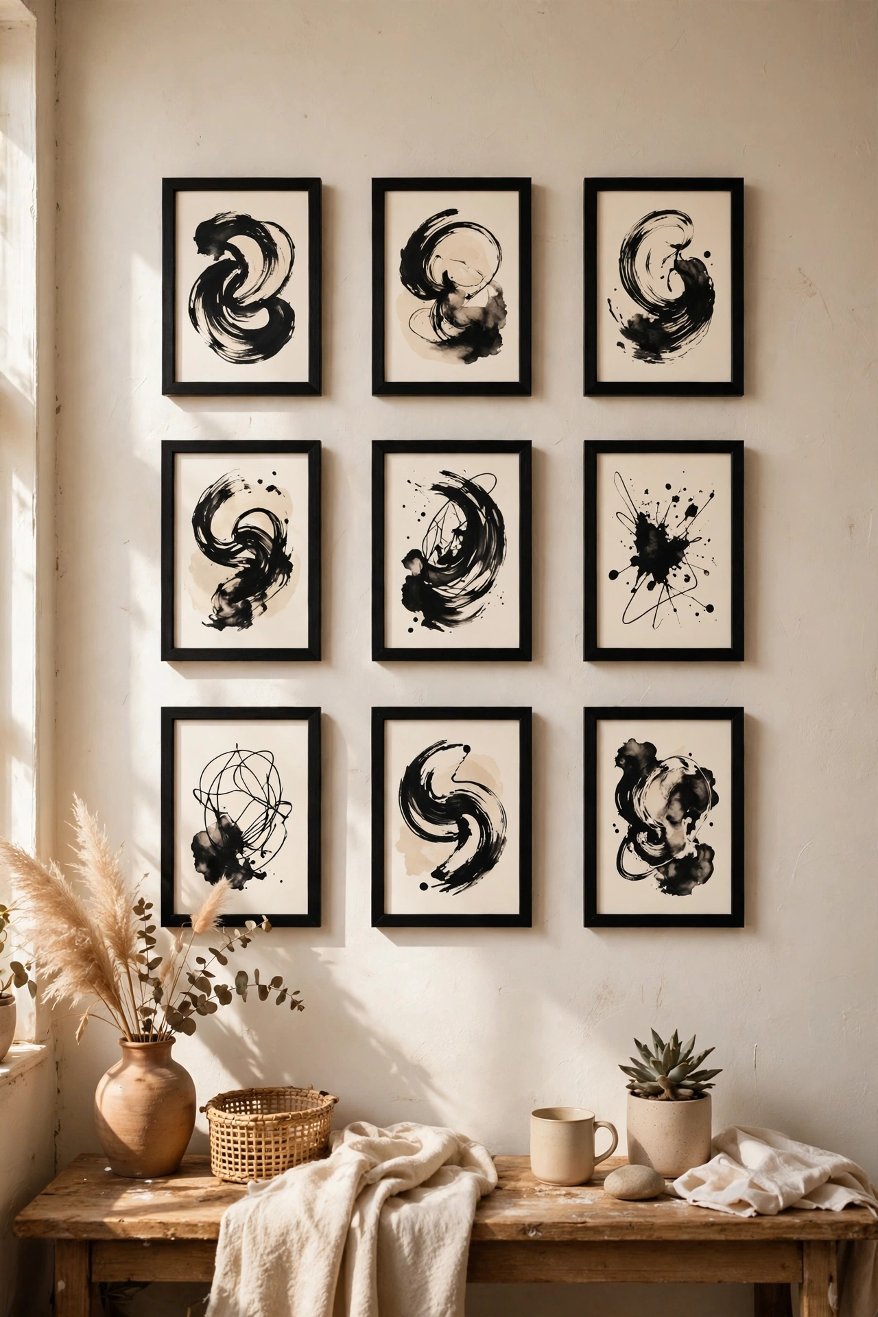 Nine small black frames with abstract prints in a perfect grid on a wall