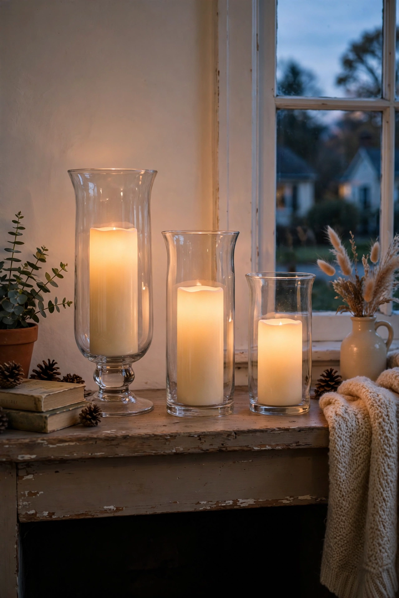 Three glass hurricanes with glowing flameless candles on a mantel at dusk