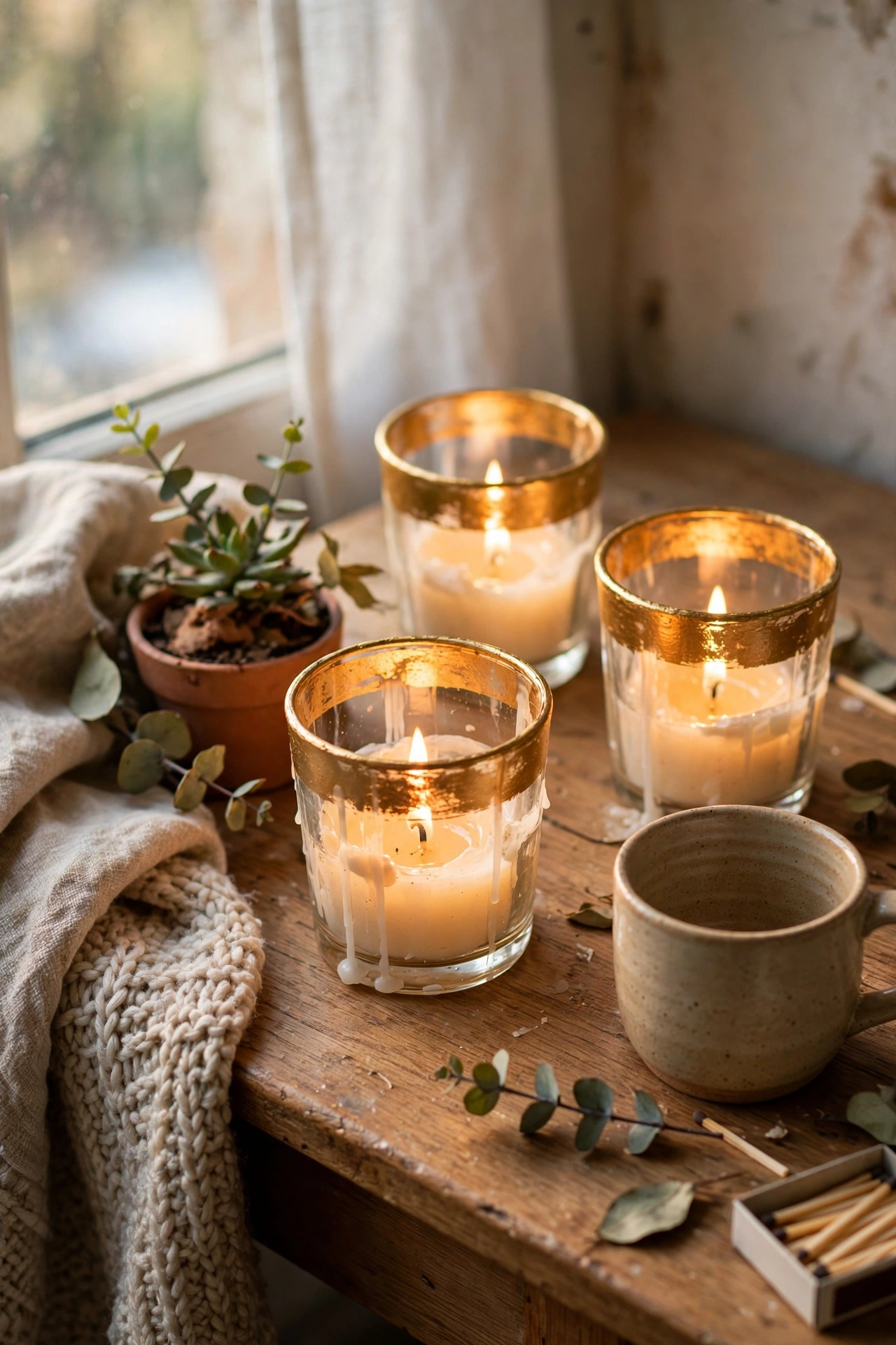 Small glass candle holders with gold painted rims glowing on a table