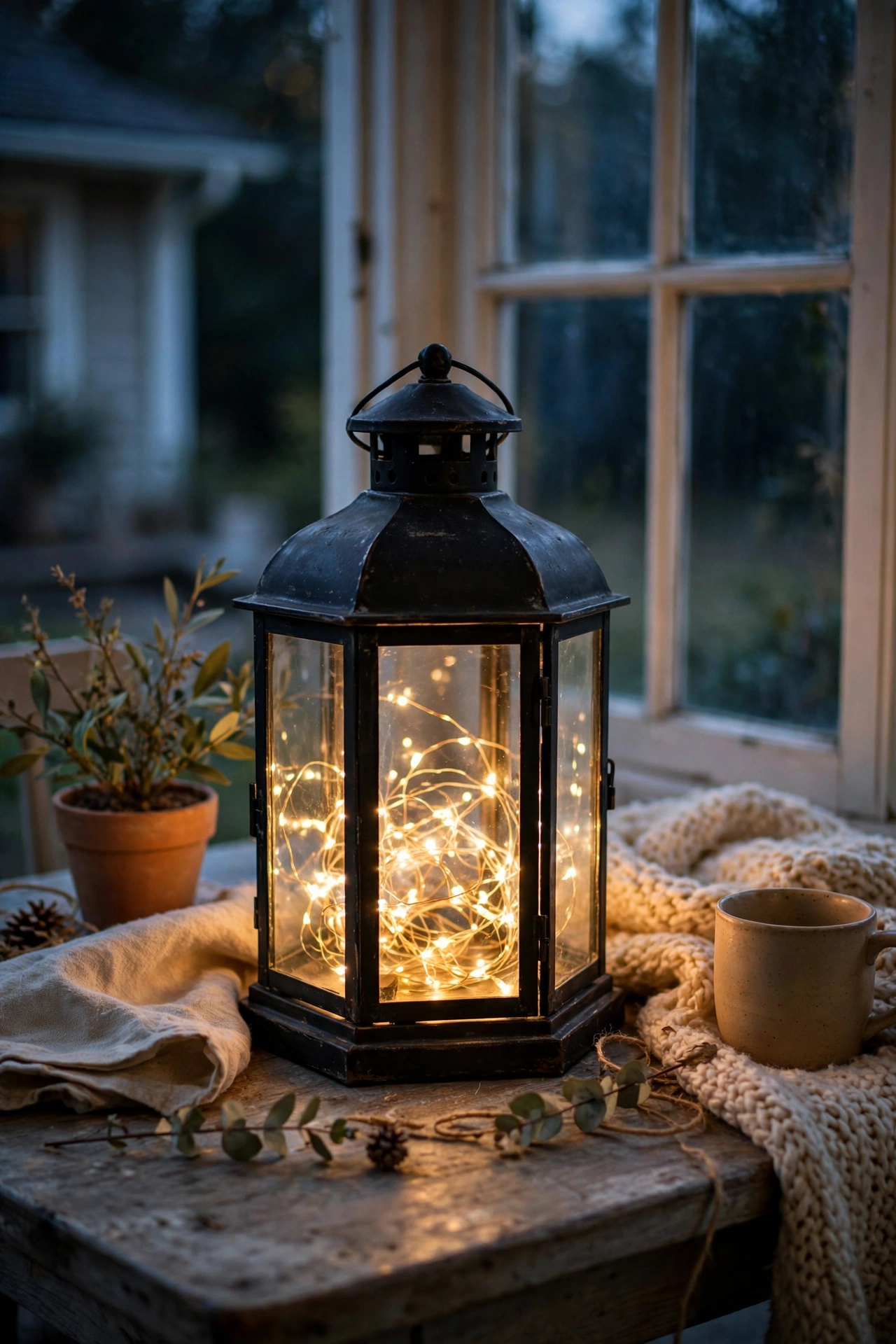 Black metal lantern filled with warm fairy lights on a porch table