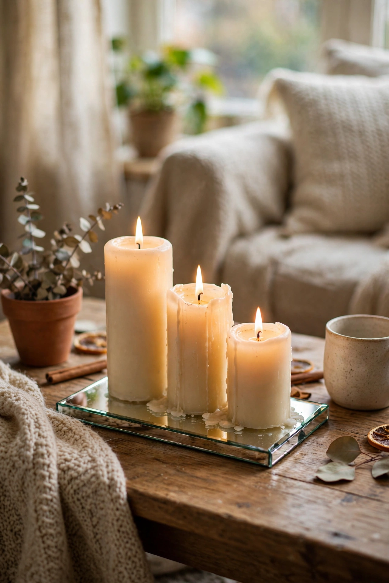 Three pillar candles on a mirrored tray glowing on a coffee table