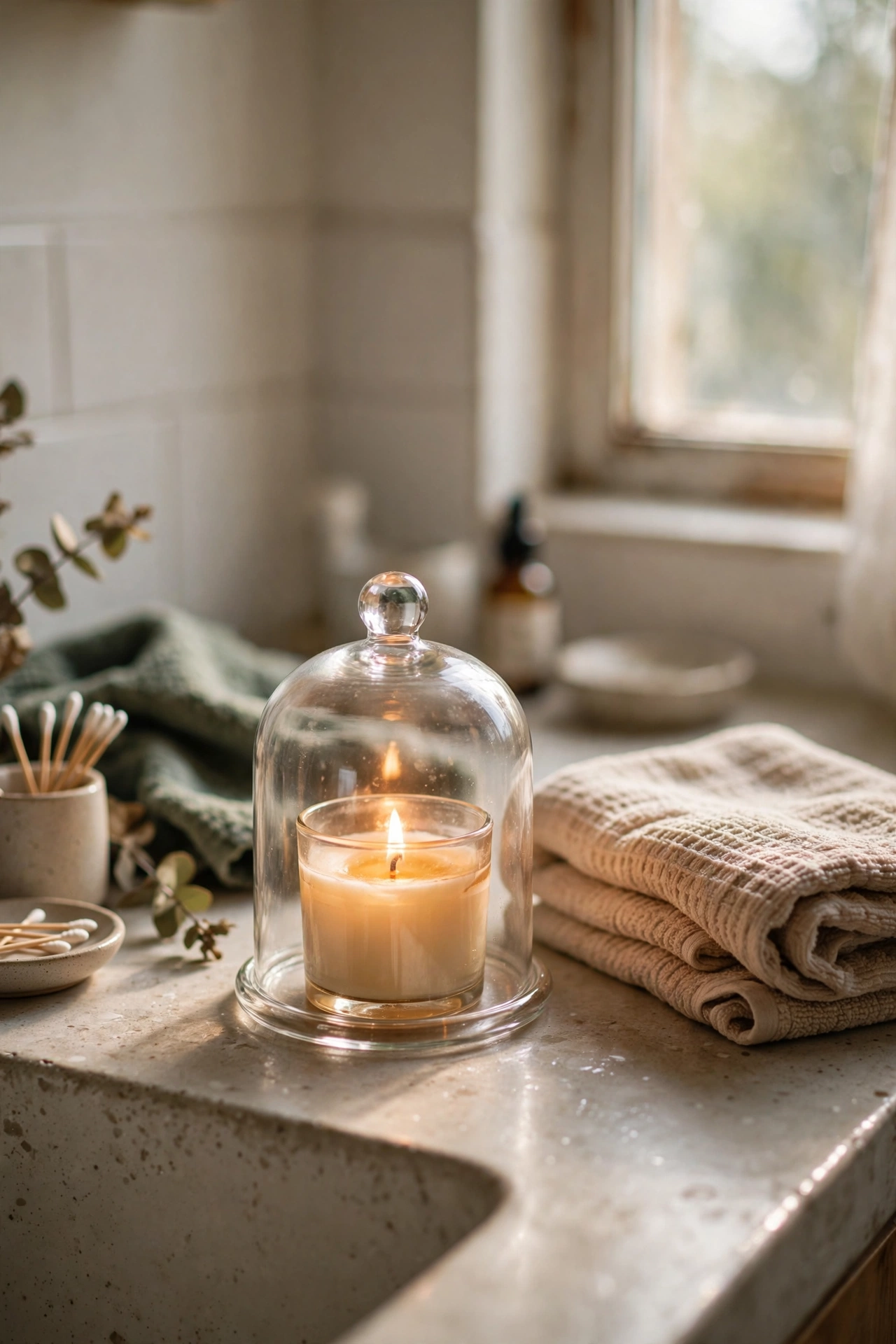 Scented candle under a small glass cloche dome on a bathroom counter