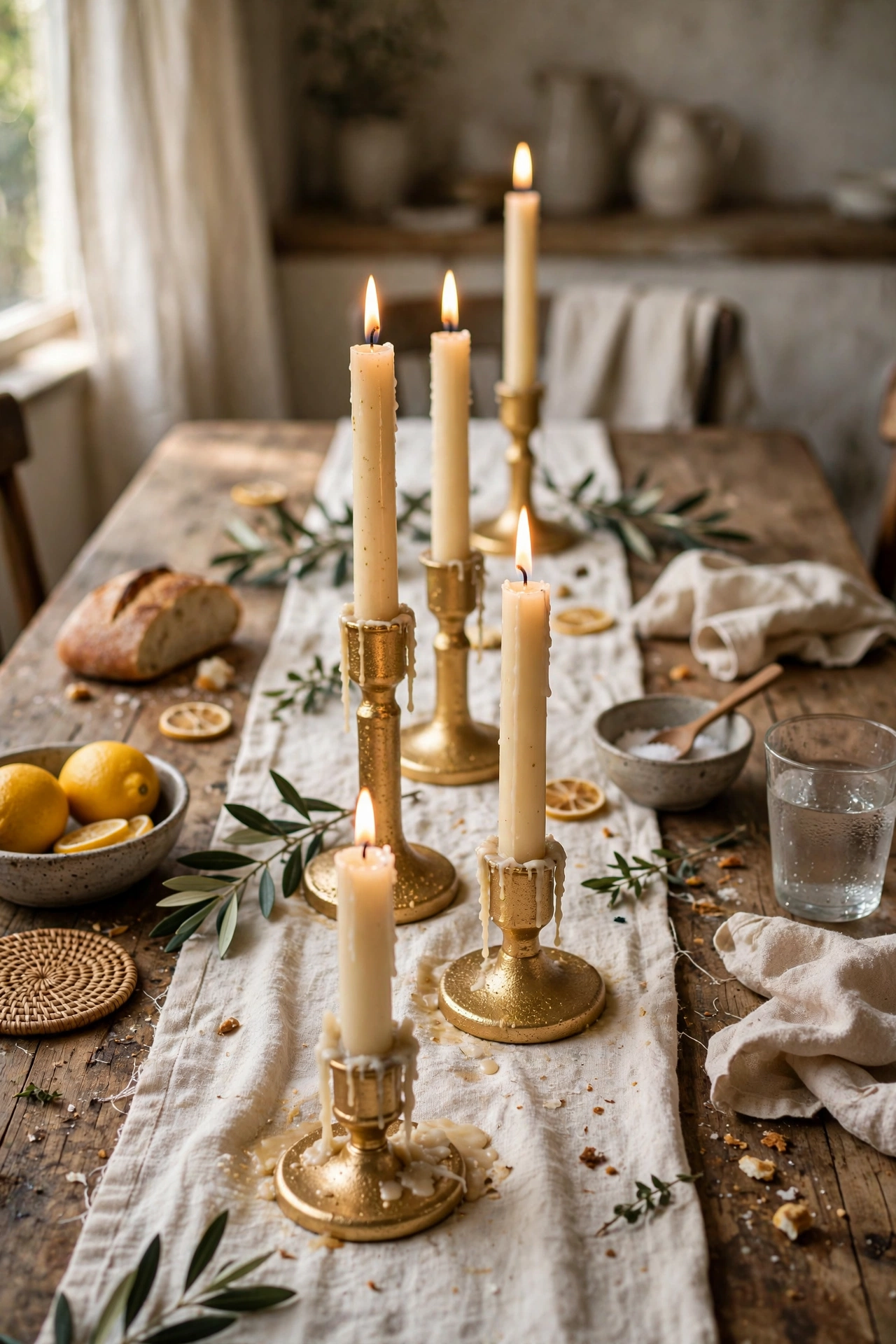 Gold sprayed taper candle holders with cream tapers down a dining table