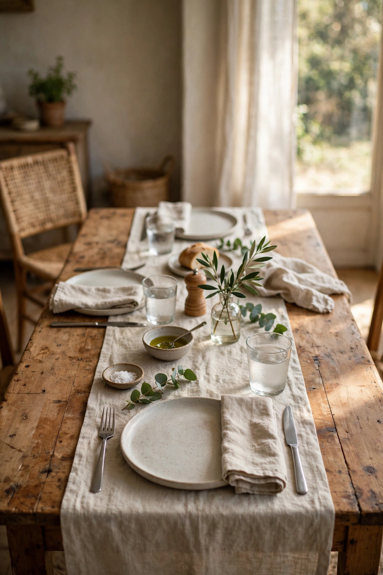 Natural linen-look table runner down the centre of a wooden dining table