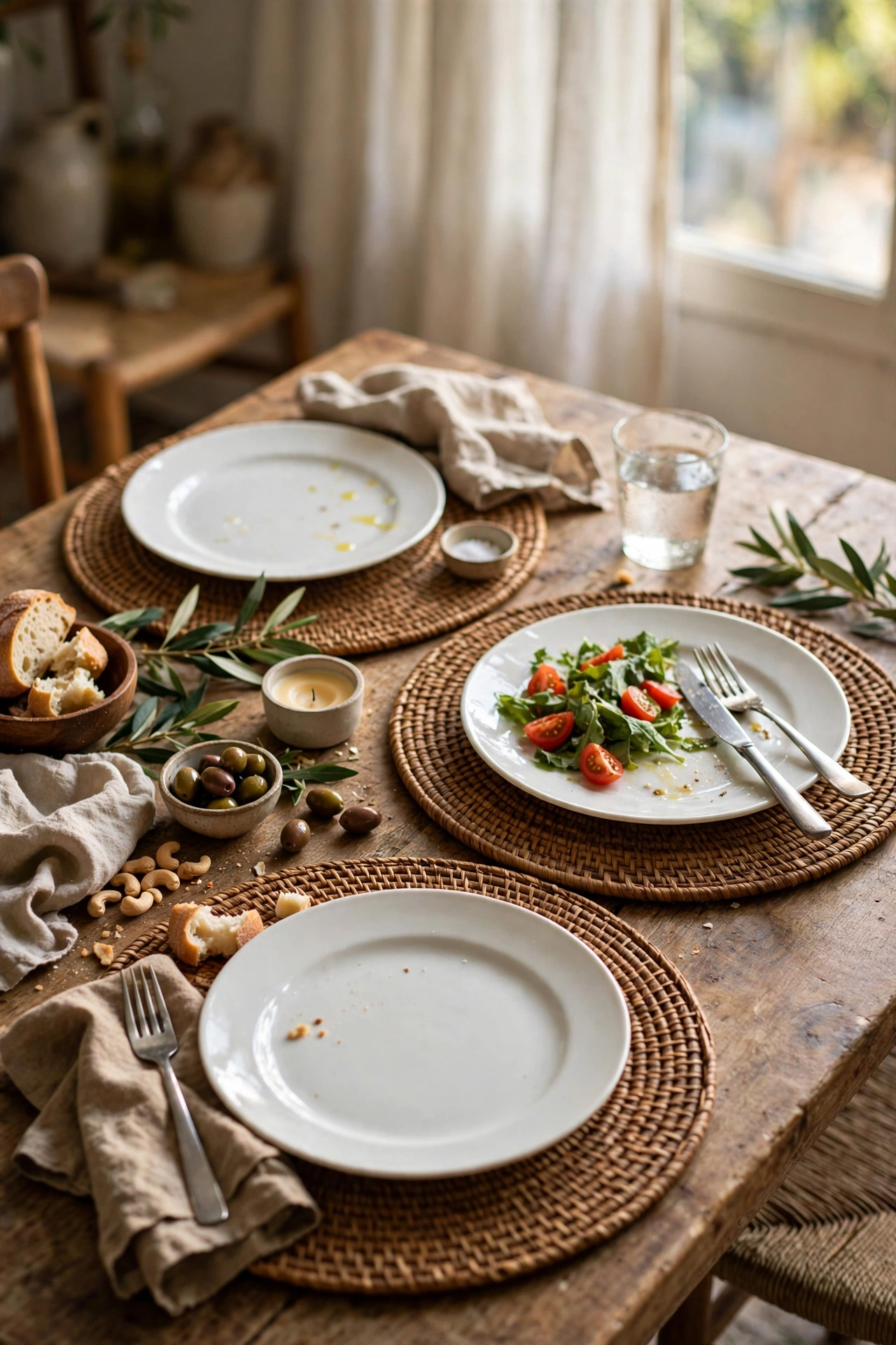 Table setting with woven placemats as chargers under white dinner plates