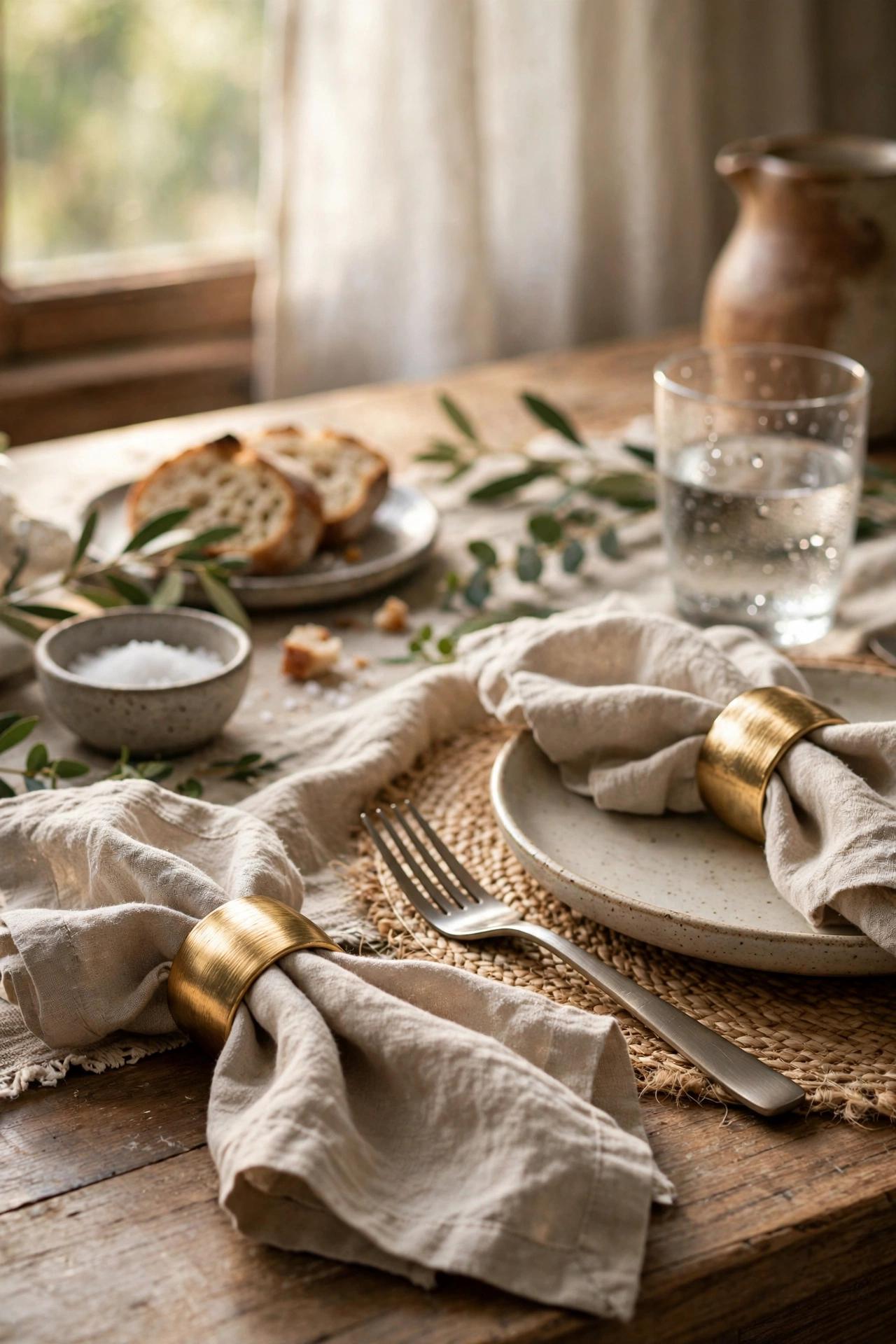 Cloth napkins threaded through brushed gold shower rings as napkin rings