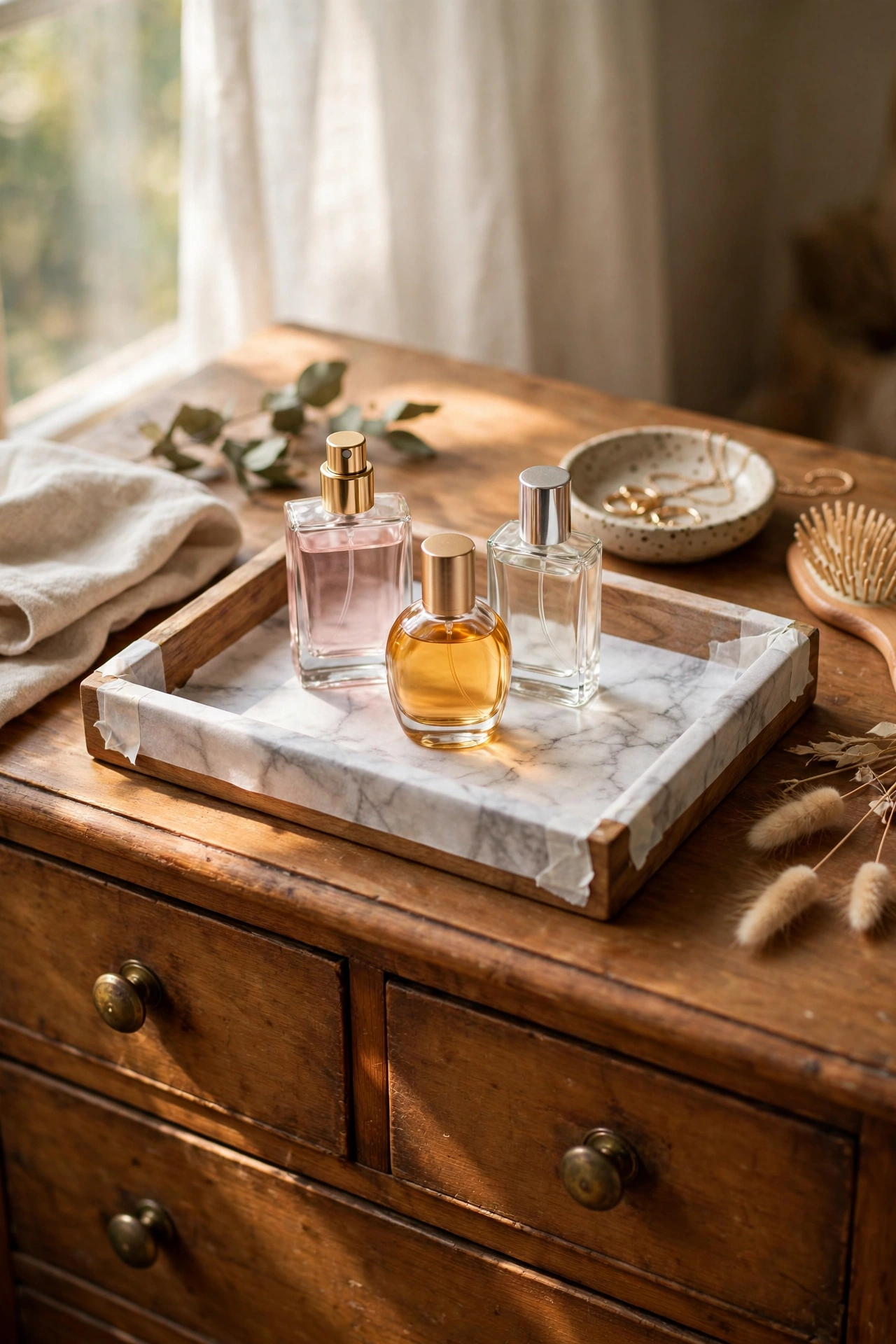 Wooden tray covered in marble contact paper holding perfumes on a dresser