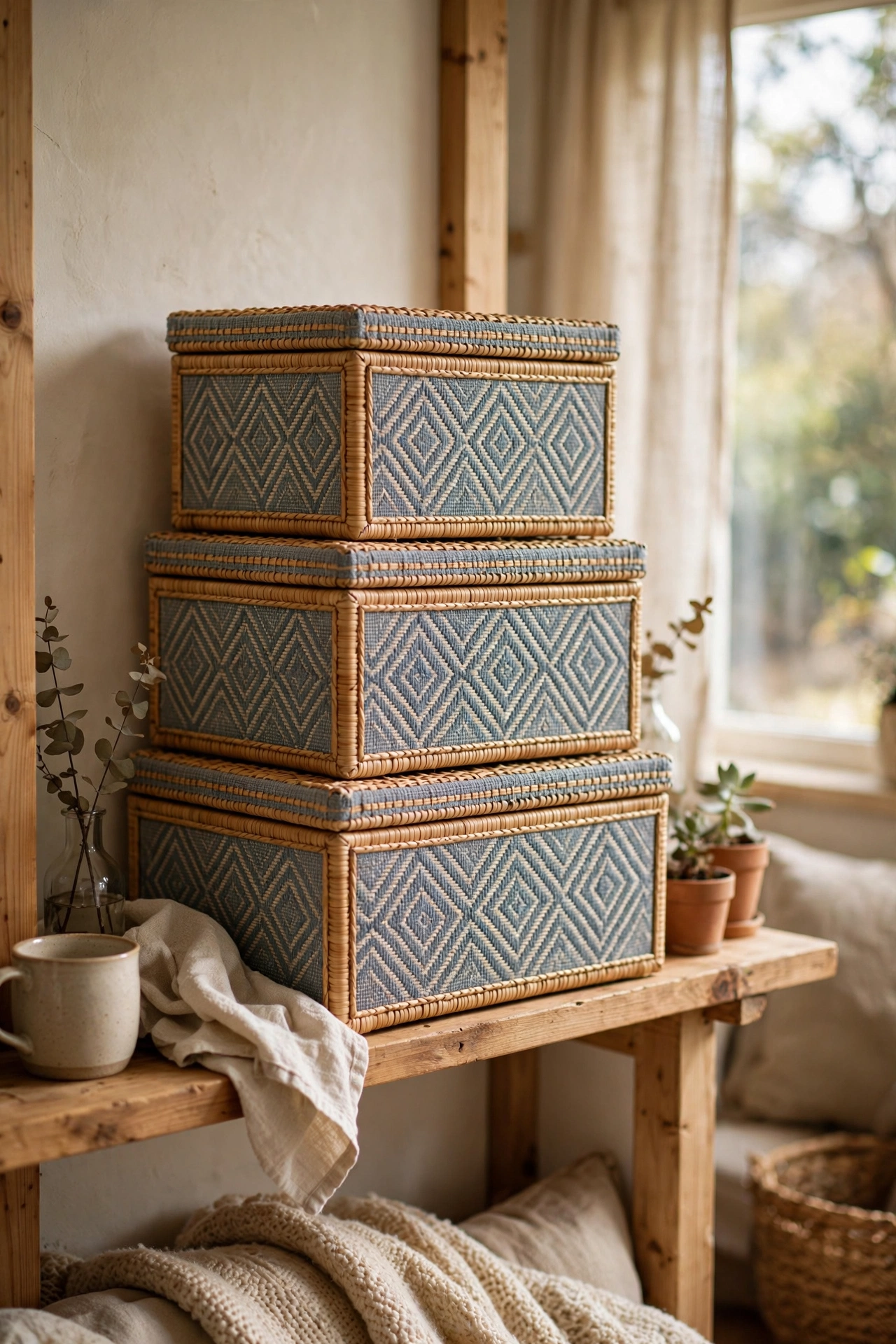 Three matching decorative storage boxes stacked on a living room shelf