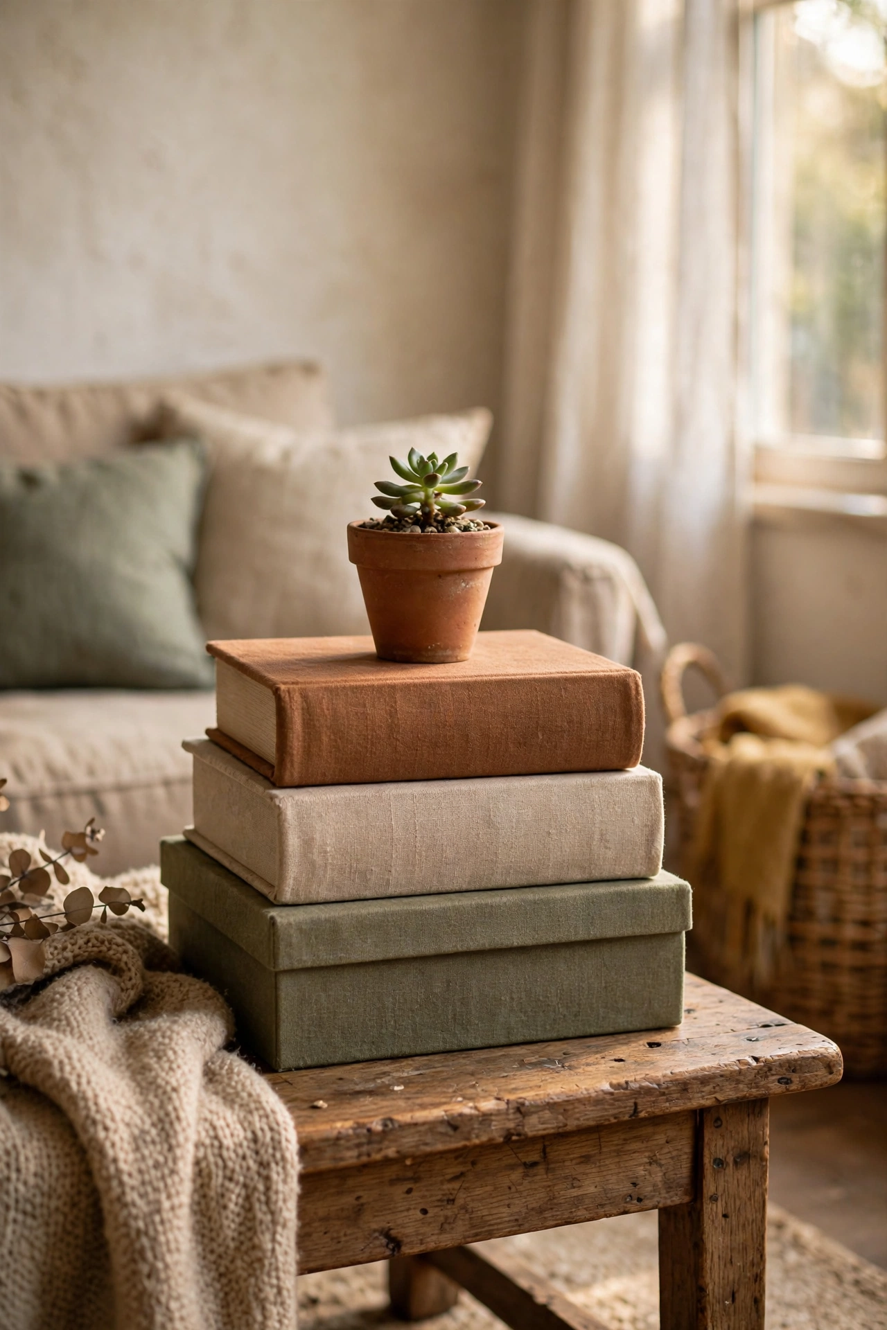 Stack of book-look storage boxes with a small plant on a coffee table