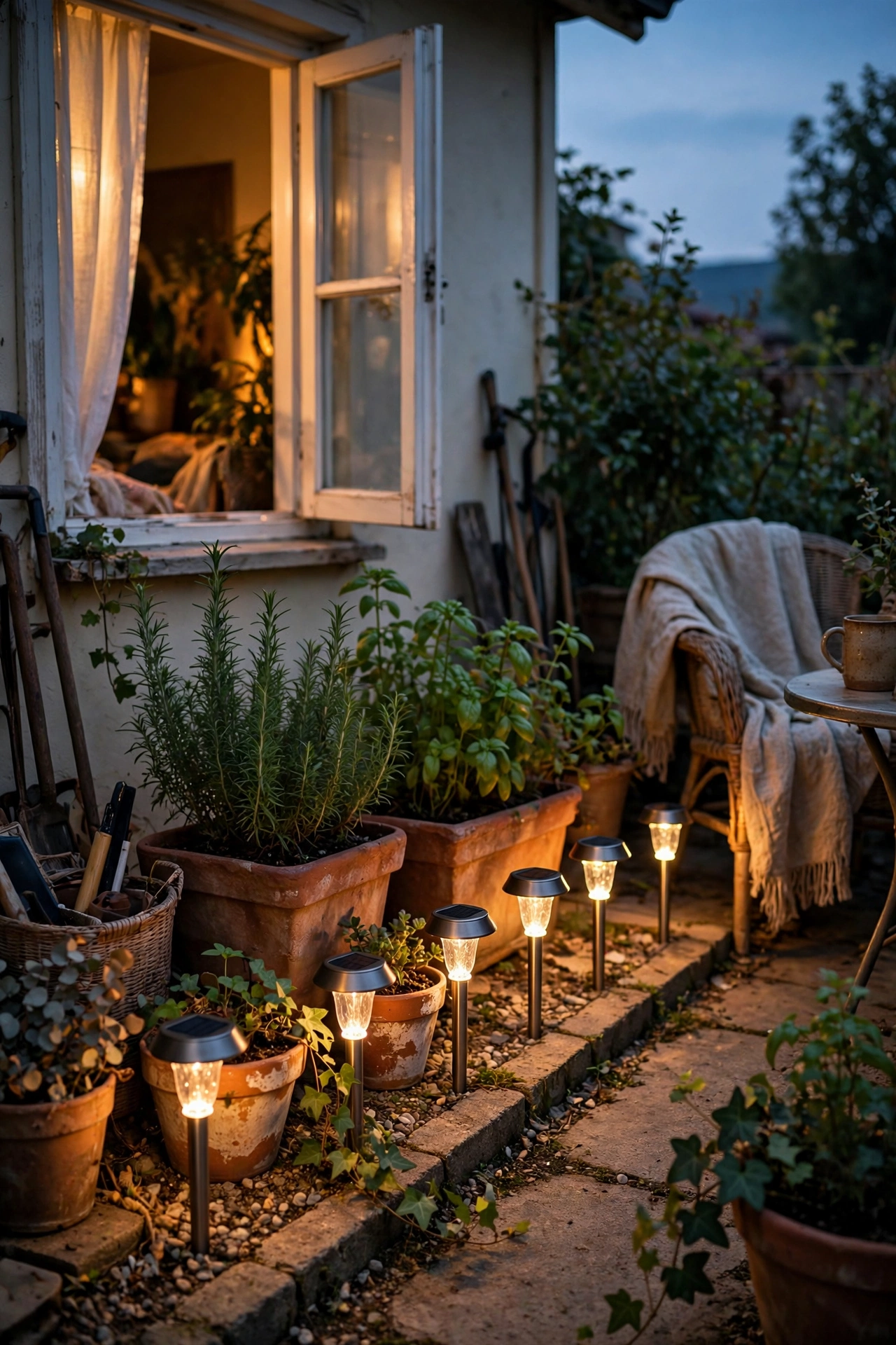 Solar stake lights glowing along the edge of a small patio at dusk