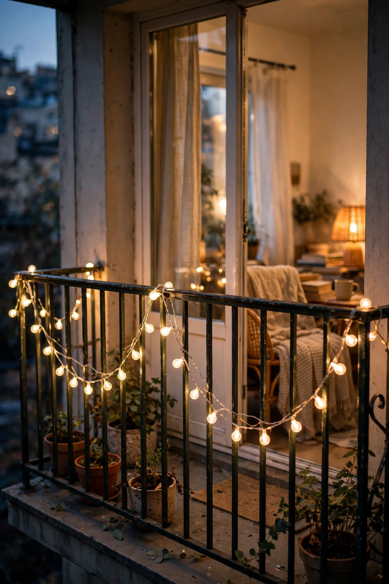 Warm white string lights draped in swags along a small balcony railing