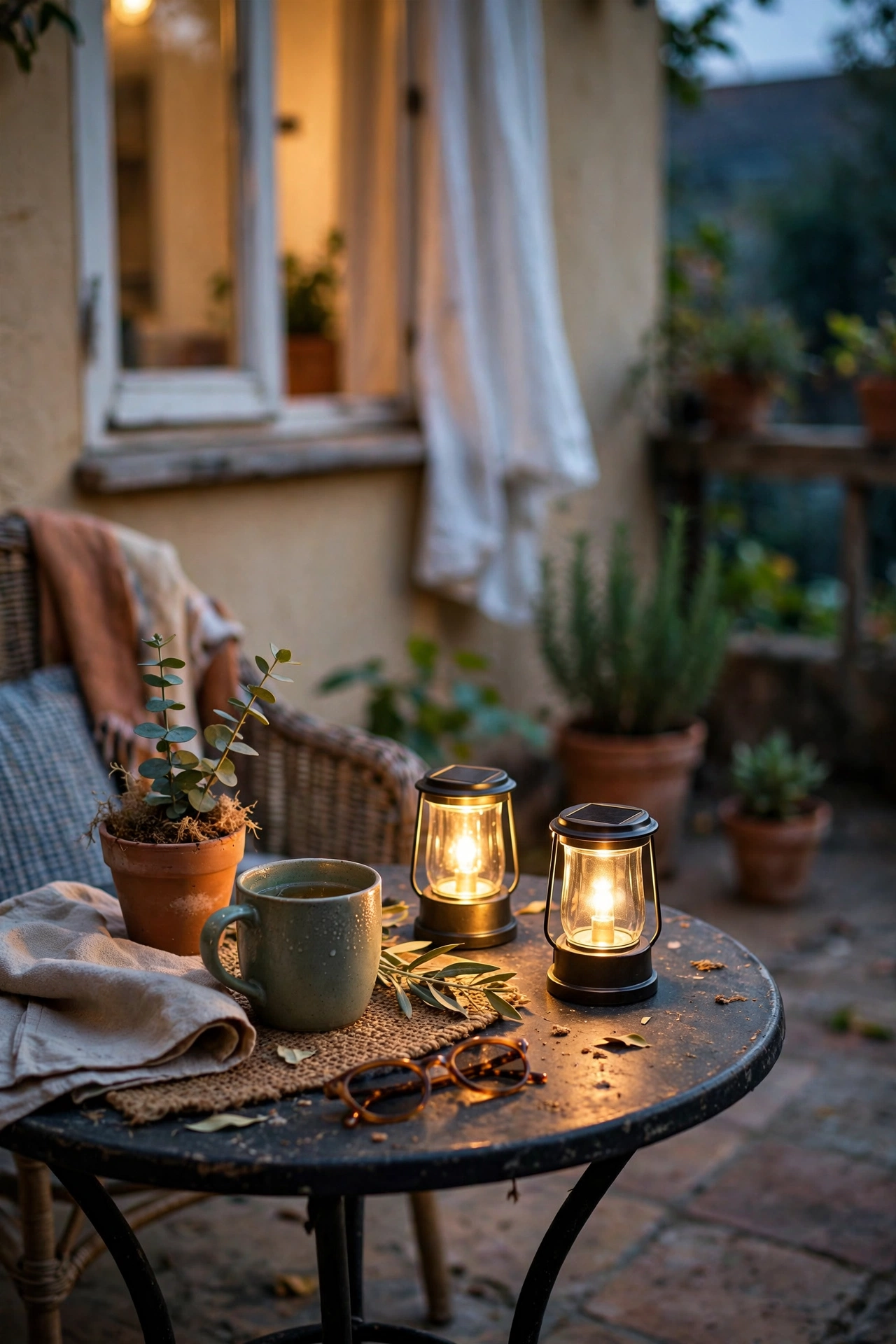 Two small solar lanterns glowing on a patio bistro table at dusk