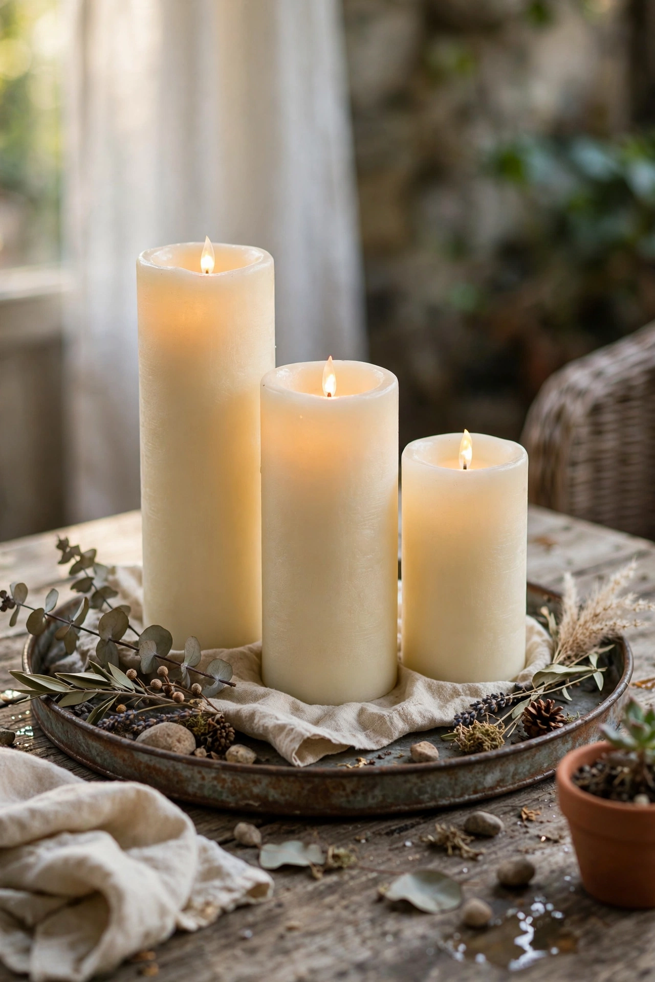 Three flameless flickering pillar candles grouped on a tray on a patio table